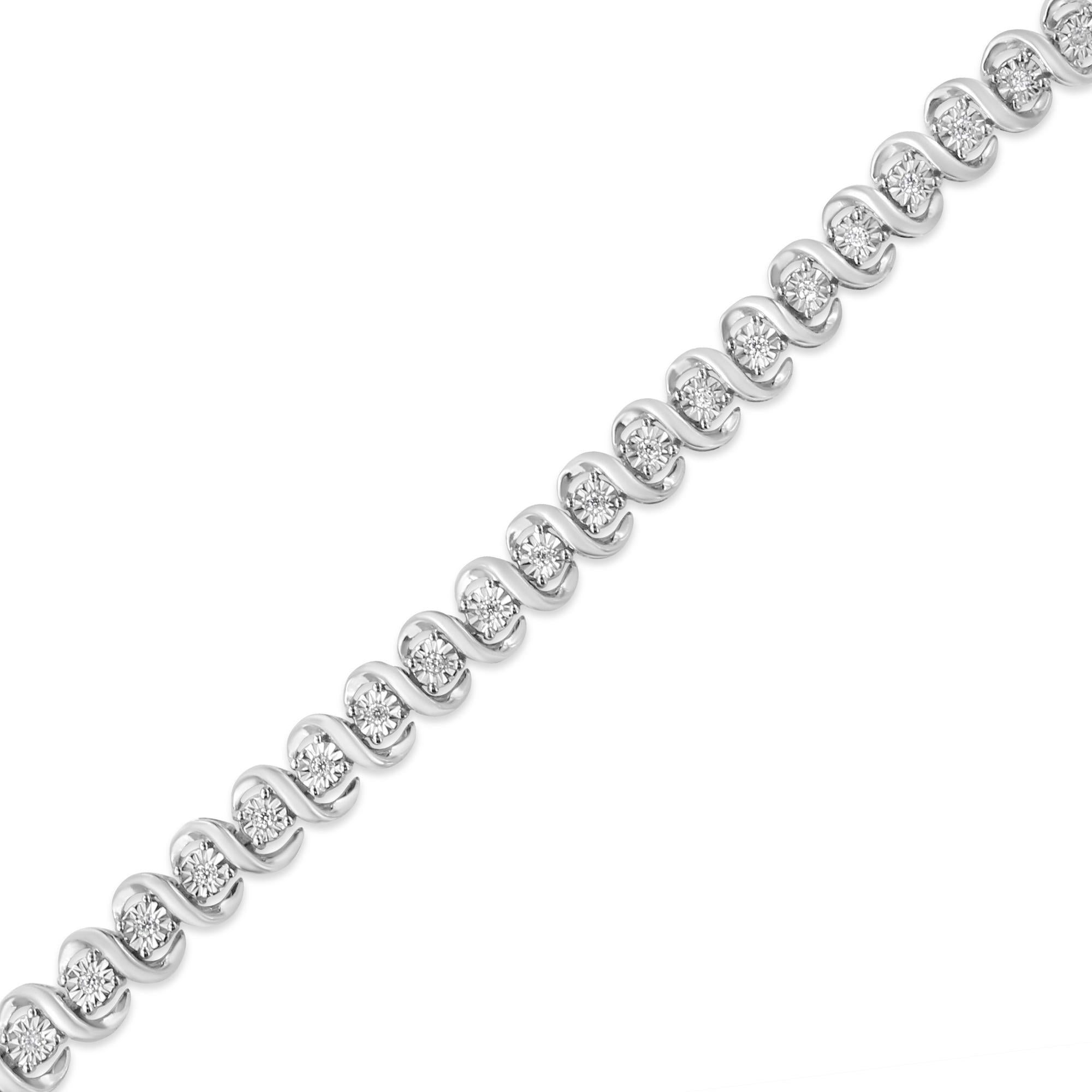 Pulsera de tenis de plata de ley 925 con diamantes de 1/3 ct engastados milagros y eslabones "S" (color IJ, claridad I3) - Talla 7,25" - Friggin Jewelry