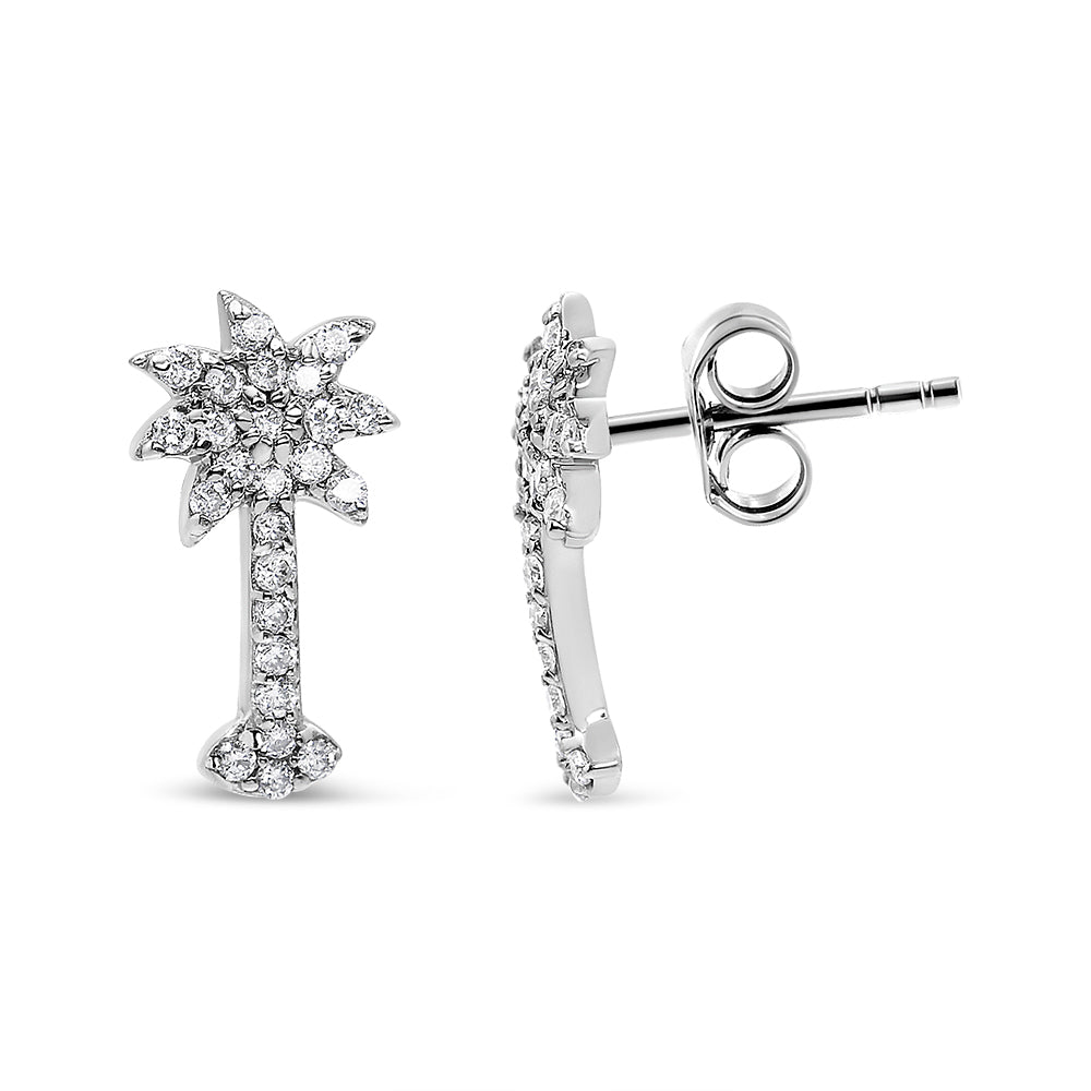 14K White Gold 1/4 Cttw Diamond Palm Tree Push Back Stud Earrings (K-L Color, I1-I2 Clarity) - Friggin Jewelry