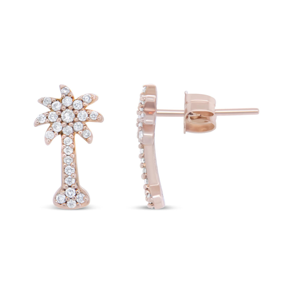 10K Rose Gold 1/4 Cttw Diamond Palm Tree Push Back Stud Earrings (H-I Color, I1-I2 Clarity) - Friggin Jewelry