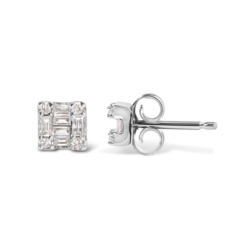 10K White Gold 1/7 Cttw Round and Baguette Diamond Mosaic Square Stud Earrings (H-I Color, I1-I2 Clarity) - Friggin Jewelry