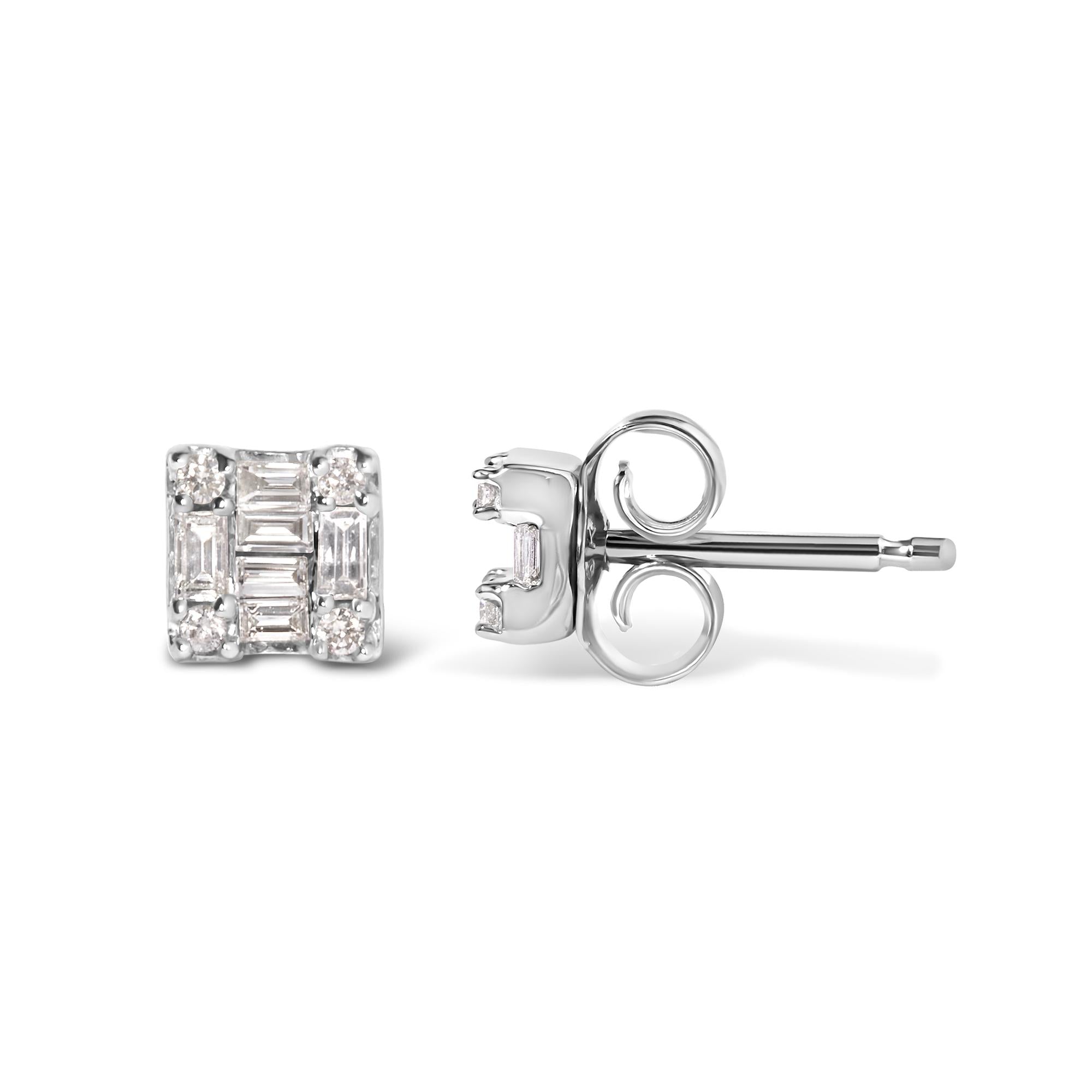 10K White Gold 1/7 Cttw Round and Baguette Diamond Mosaic Square Stud Earrings (H-I Color, I1-I2 Clarity) - Friggin Jewelry