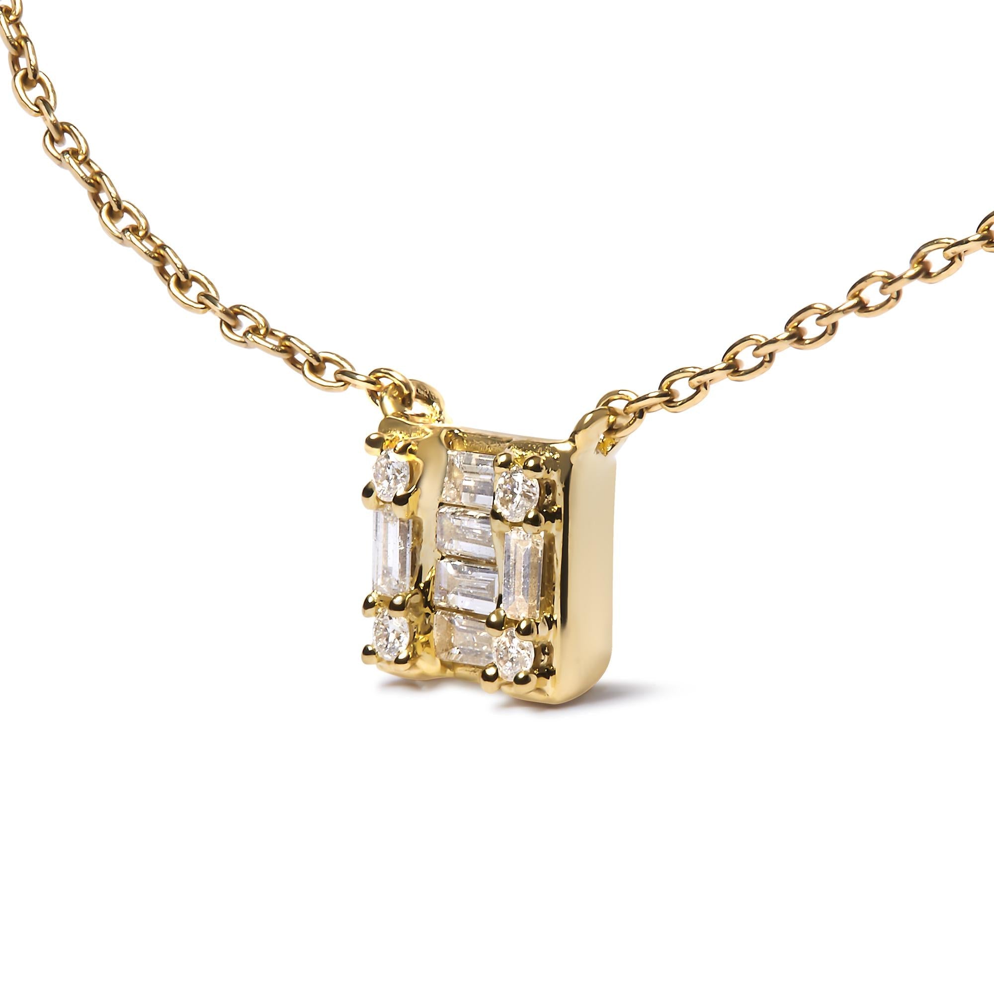 10K Yellow Gold 1/10 Cttw Round and Baguette Diamond Mosaic Composite Square 18" Inch Pendant Necklace (H-I Color, I1-I2 Clarity) - Friggin Jewelry