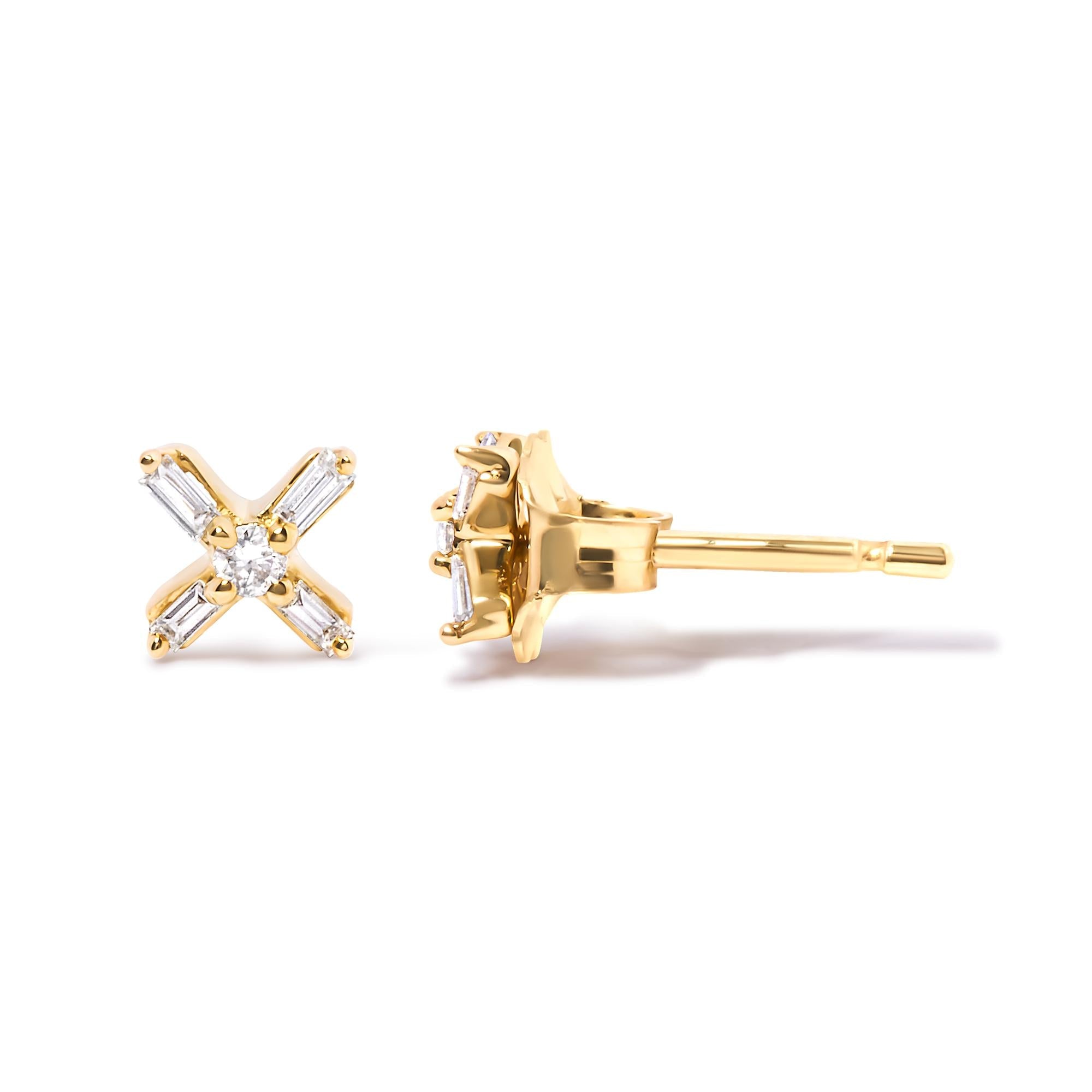 10K Yellow Gold 1/10 Cttw Round and Baguette Diamond Criss Cross X Stud Earring (H-I Color, I1-I2 Clarity) - Friggin Jewelry