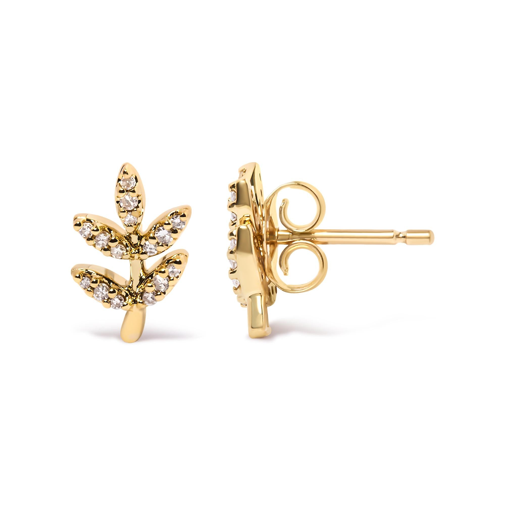10K Yellow Gold 1/10 Cttw Diamond Accented Leaf and Branch Stud Earrings (H-I Color, I1-I2 Clarity) - Friggin Jewelry
