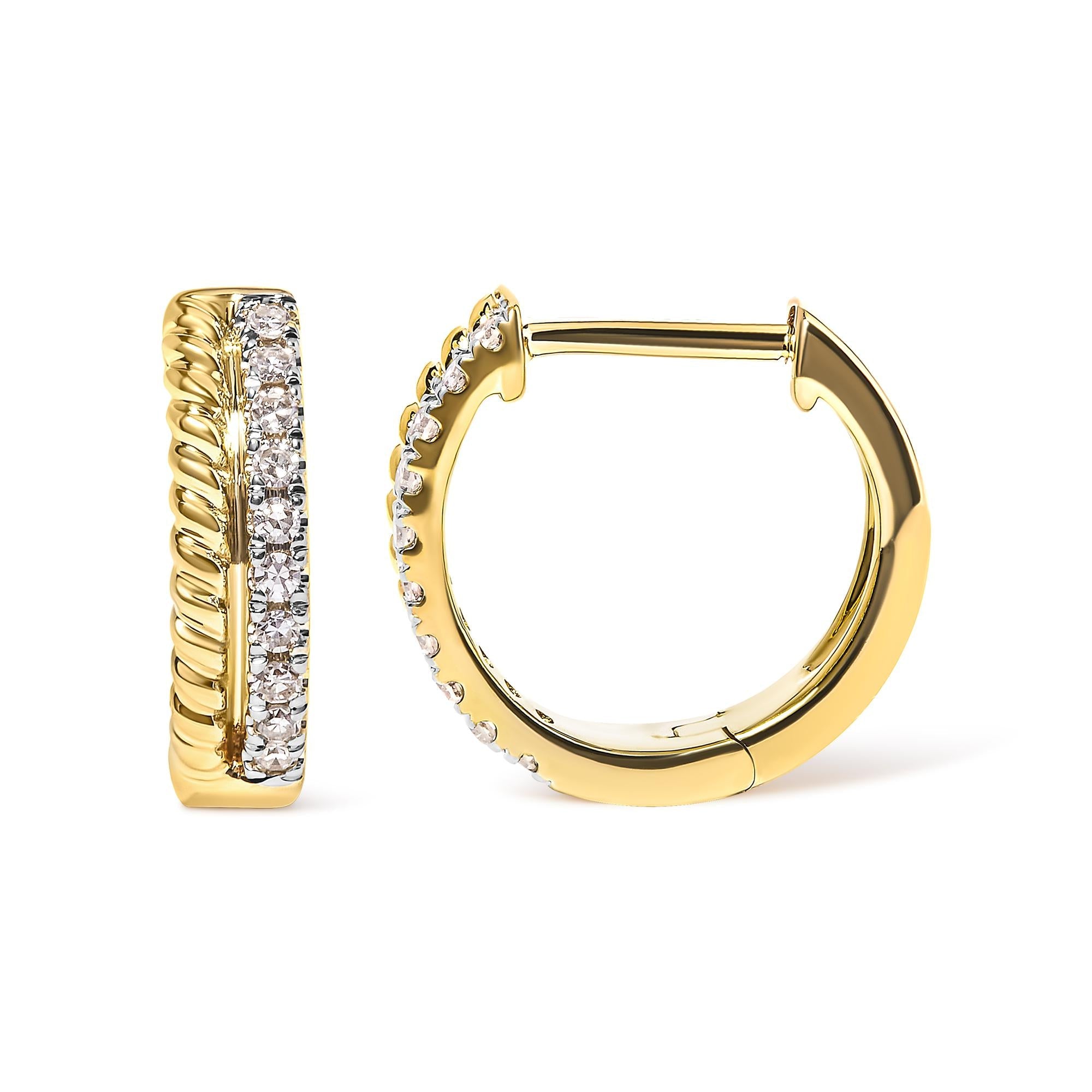 10K Yellow Gold 1/10 Cttw Diamond and Rope Twist Huggy Hoop Earrings (H-I Color, I1-I2 Clarity) - Friggin Jewelry
