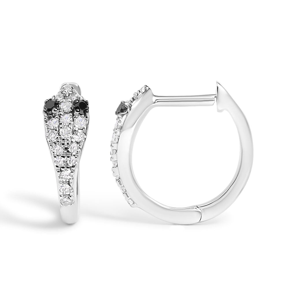 Orecchini a cerchio Huggie con diamanti da 1/5 carati in oro bianco 10 carati e occhi di serpente - Friggin Jewelry
