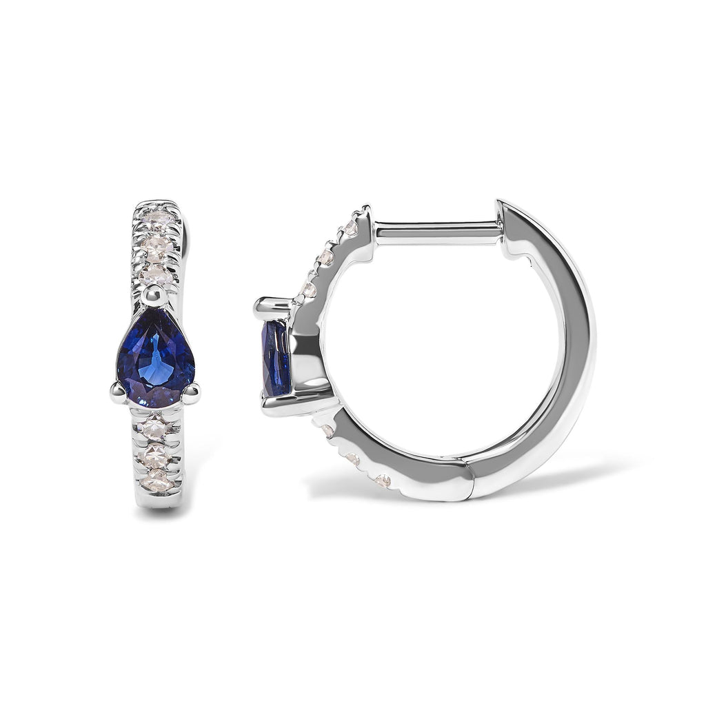 10K White Gold Pear Shaped Blue Sapphire and 1/10 Cttw Diamond Huggy Hoop Earrings (H-I Color, I1-I2 Clarity) - Friggin Jewelry