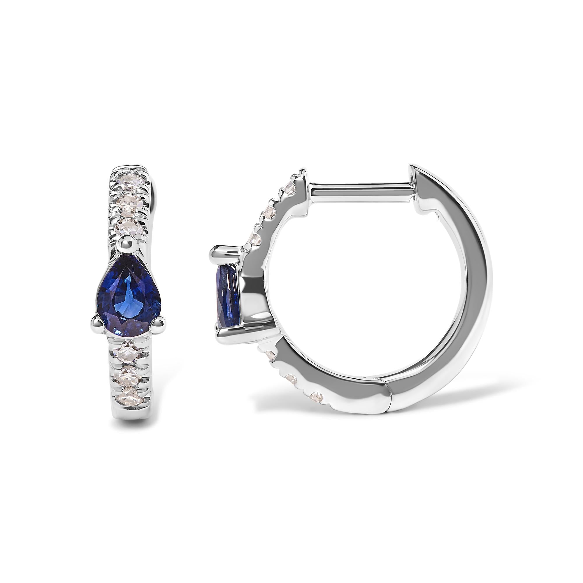 10K White Gold Pear Shaped Blue Sapphire and 1/10 Cttw Diamond Huggy Hoop Earrings (H-I Color, I1-I2 Clarity) - Friggin Jewelry