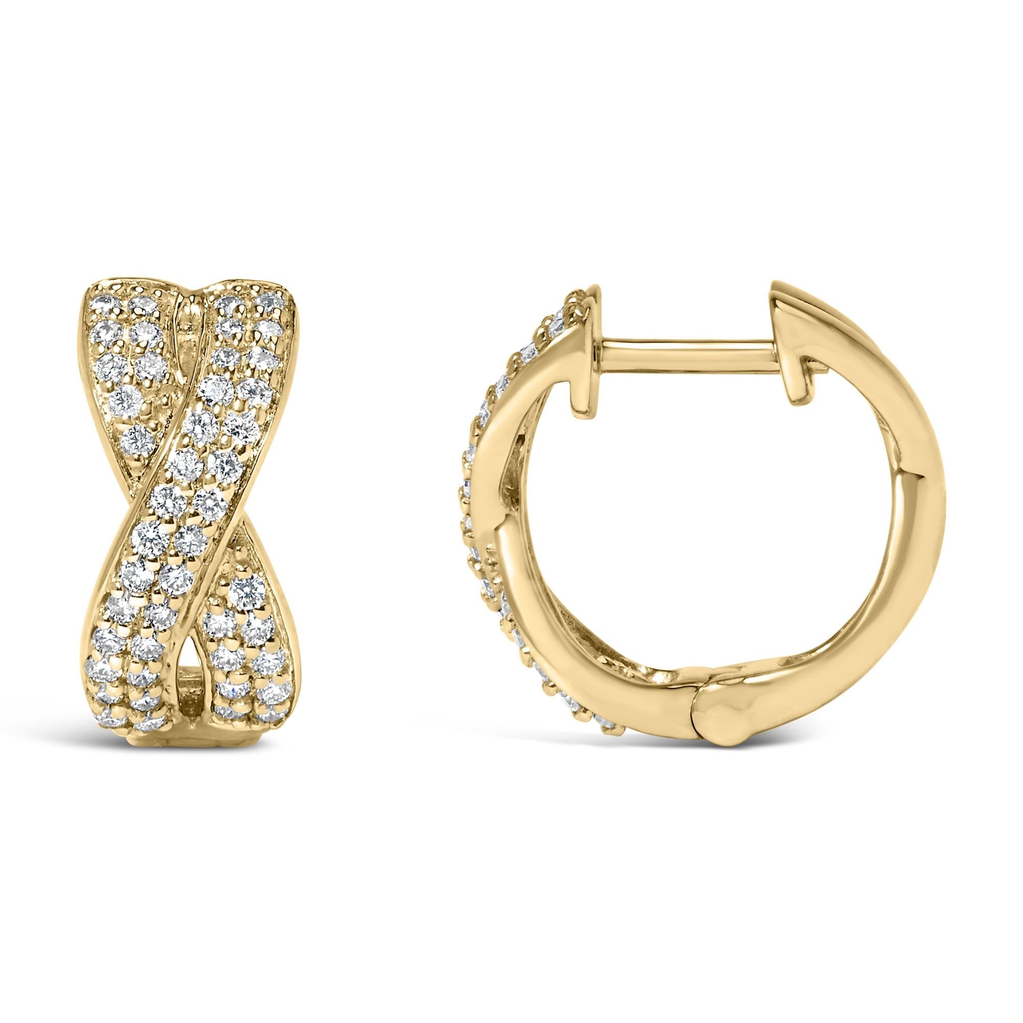 14K Yellow Gold 1/3 Cttw Diamond Criss Cross Huggie Hoop Earrings (G-H Color, SI2-I1 Clarity) - Friggin Jewelry