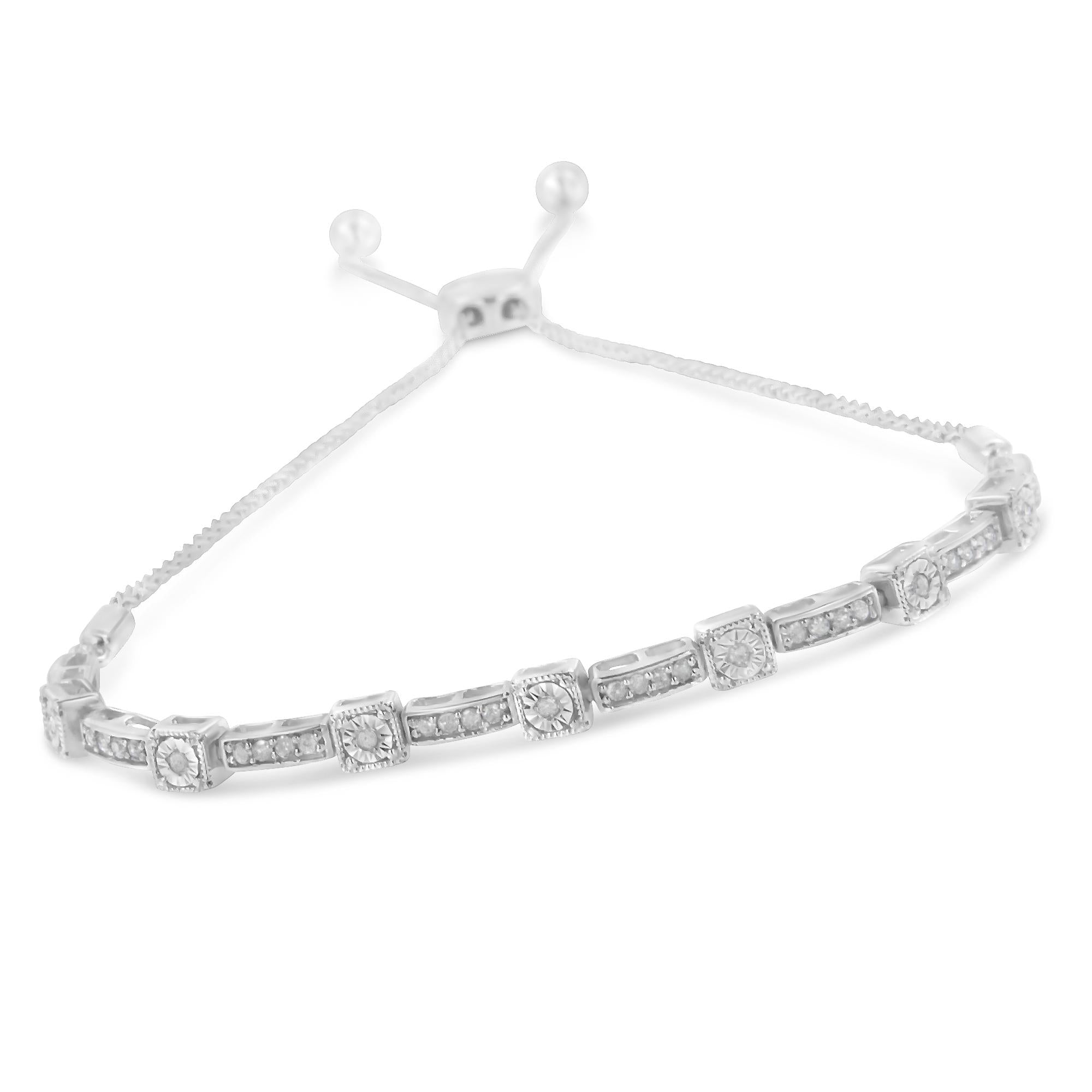 Bracciale Bolo regolabile in argento sterling 925 con diamanti da 1/4 ct, da 4" a 10", alternati quadrati e rettangolari (colore IJ, purezza I3) - Friggin Jewelry