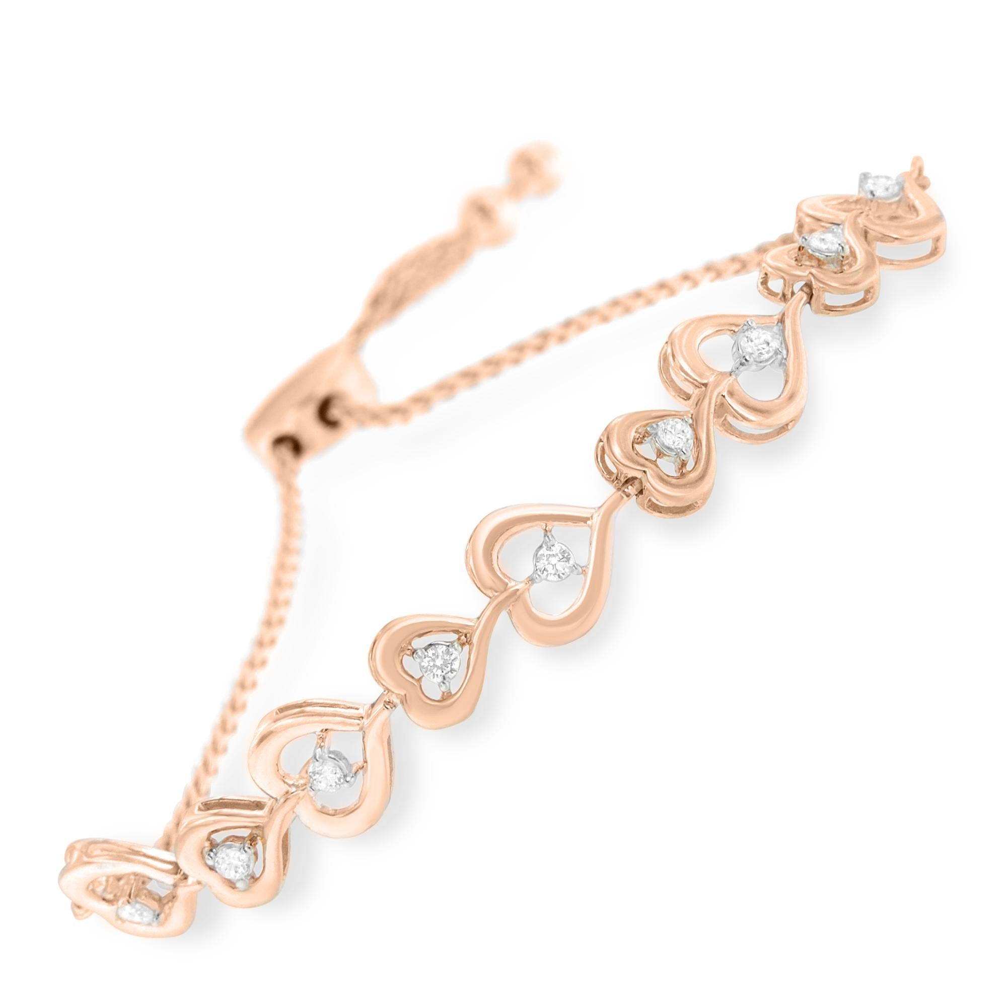 Rose Plated Sterling Silver Diamond Heart-Linked Bolo Bracelet (0.30 cttw, H-I Color, I2-I3 Clarity) - Friggin Jewelry