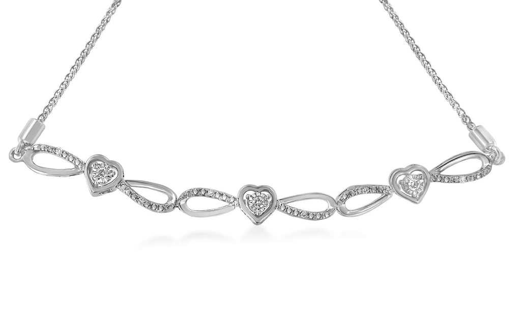 .925 Sterling Silver 1/10 Cttw Diamond Triple Heart-in-Infinity Bolo Style Adjustable Bracelet (H-I Color, I2-I3 Clarity) - Friggin Jewelry