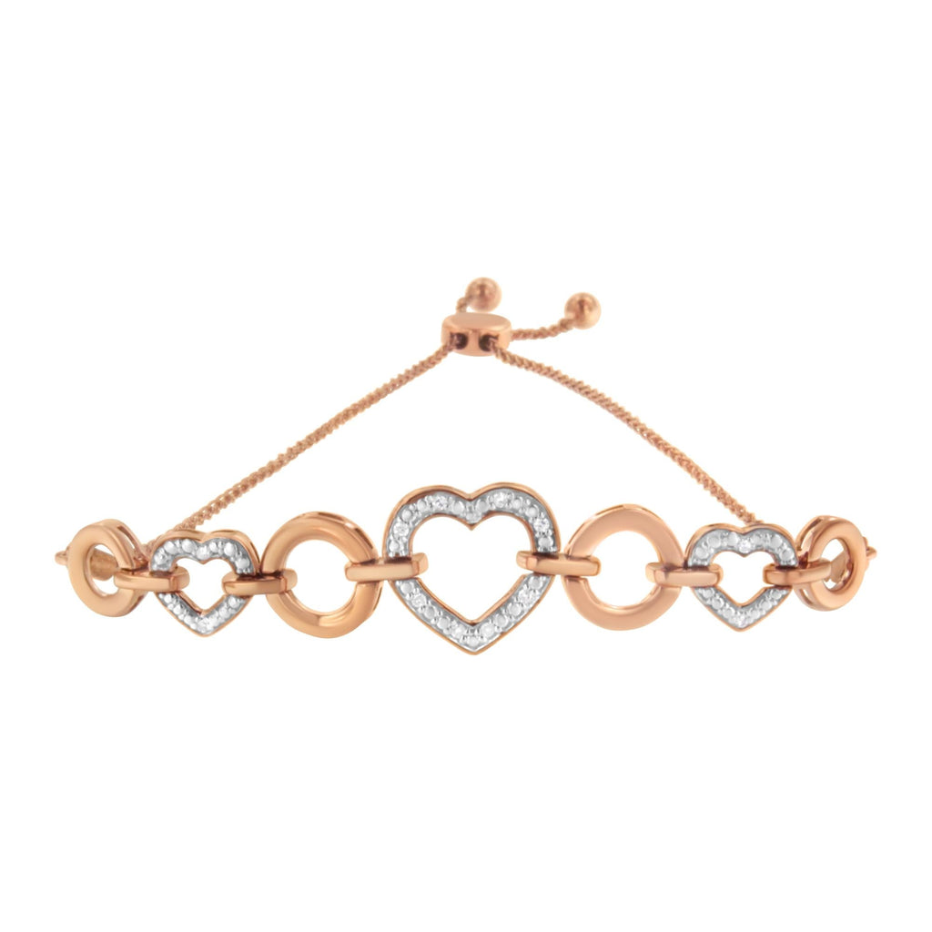 10K Rose Gold over .925 Sterling Silver 1/10 Cttw Round-Cut Diamond Heart Link Adjustable Bolo Bracelet (H-I Color, I2-I3 Clarity) - 6"-9" Adjustable - Friggin Jewelry