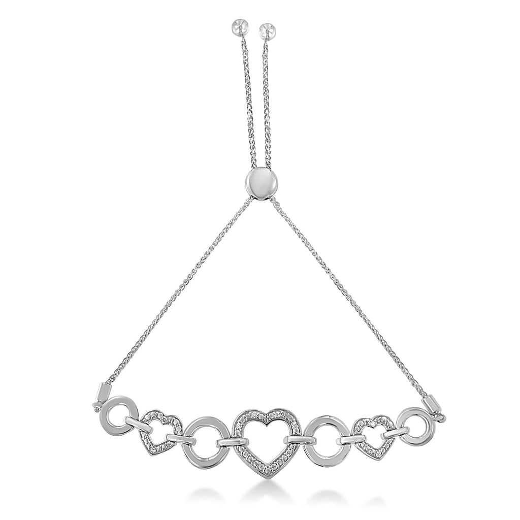 .925 Sterling Silver Diamond Accent Interlinking Triple Heart 4”-10” Adjustable Bolo Tennis Bracelet Bolo Bracelet (H-I Color, I2-I3 Clarity) - Friggin Jewelry