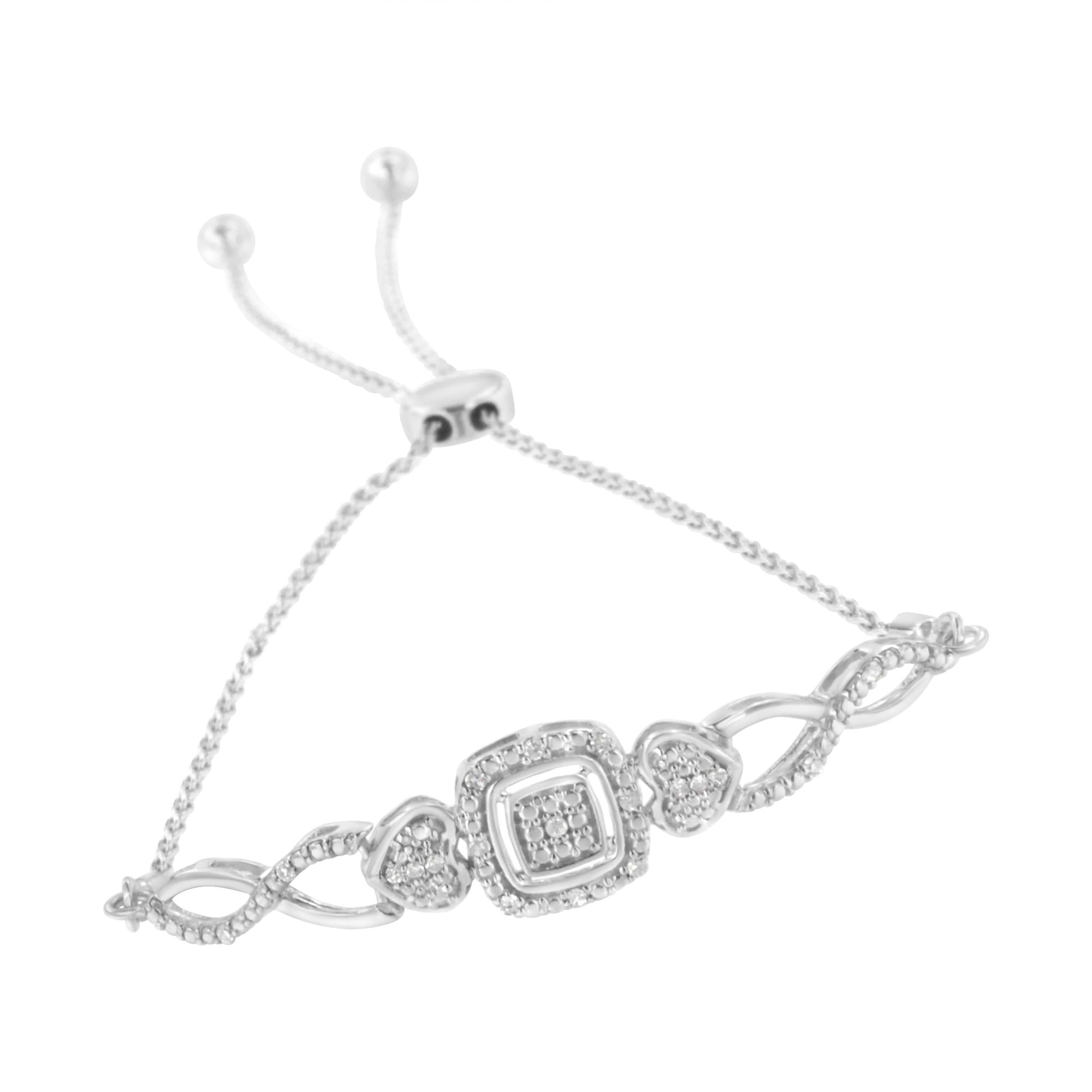 Braccialetto Bolo Tennis Bolo regolabile in argento sterling 925 con montatura a cuscino e diamanti, lato cuore, da 4" a 10" (colore IJ, purezza I3) - Friggin Jewelry