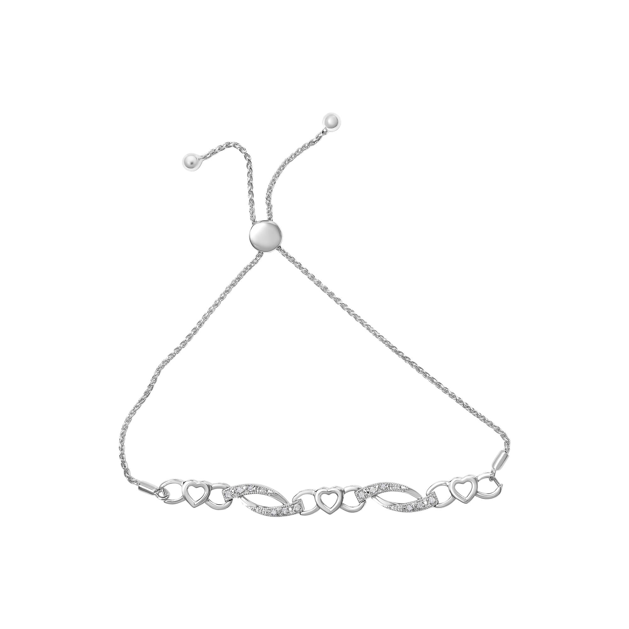 .925 Sterling Silver 1/10 Cttw Diamond Heart Link Adjustable Bolo Bracelet (I-J Color, I2-I3 Clarity) - 4 to 10 Inches - Friggin Jewelry