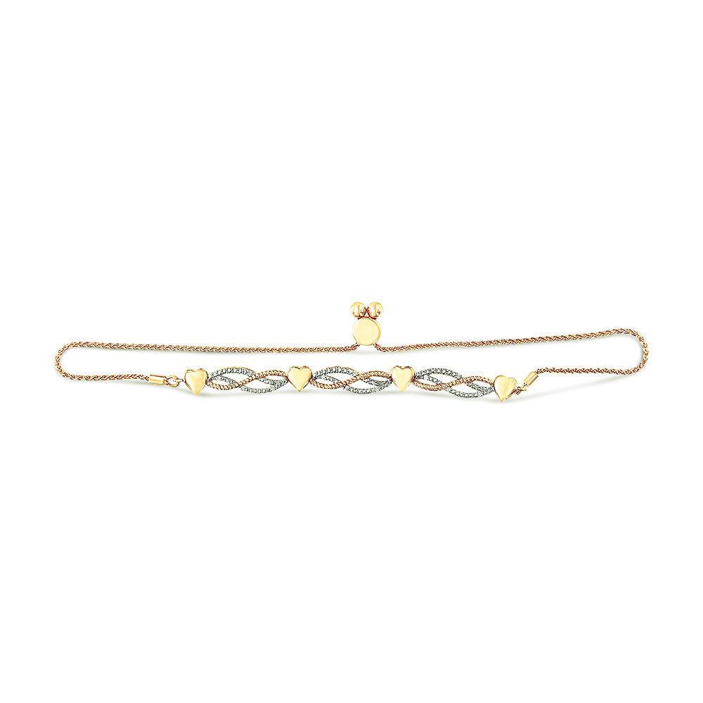 14K Yellow Gold Plated .925 Sterling Silver 1/10 Cttw Diamond Wave and Hearts Bolo Bracelet (I-J Color, I2-I3 Clarity) - 4"-10" Adjustable - Friggin Jewelry