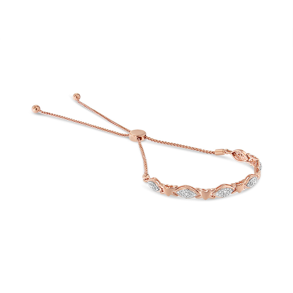 Pulsera bolo de plata de ley 925 con detalles de diamantes, forma marquesa alternada y eslabones de corazón (color IJ, claridad I3) - Ajustable de 15 a 23 cm - Friggin Jewelry