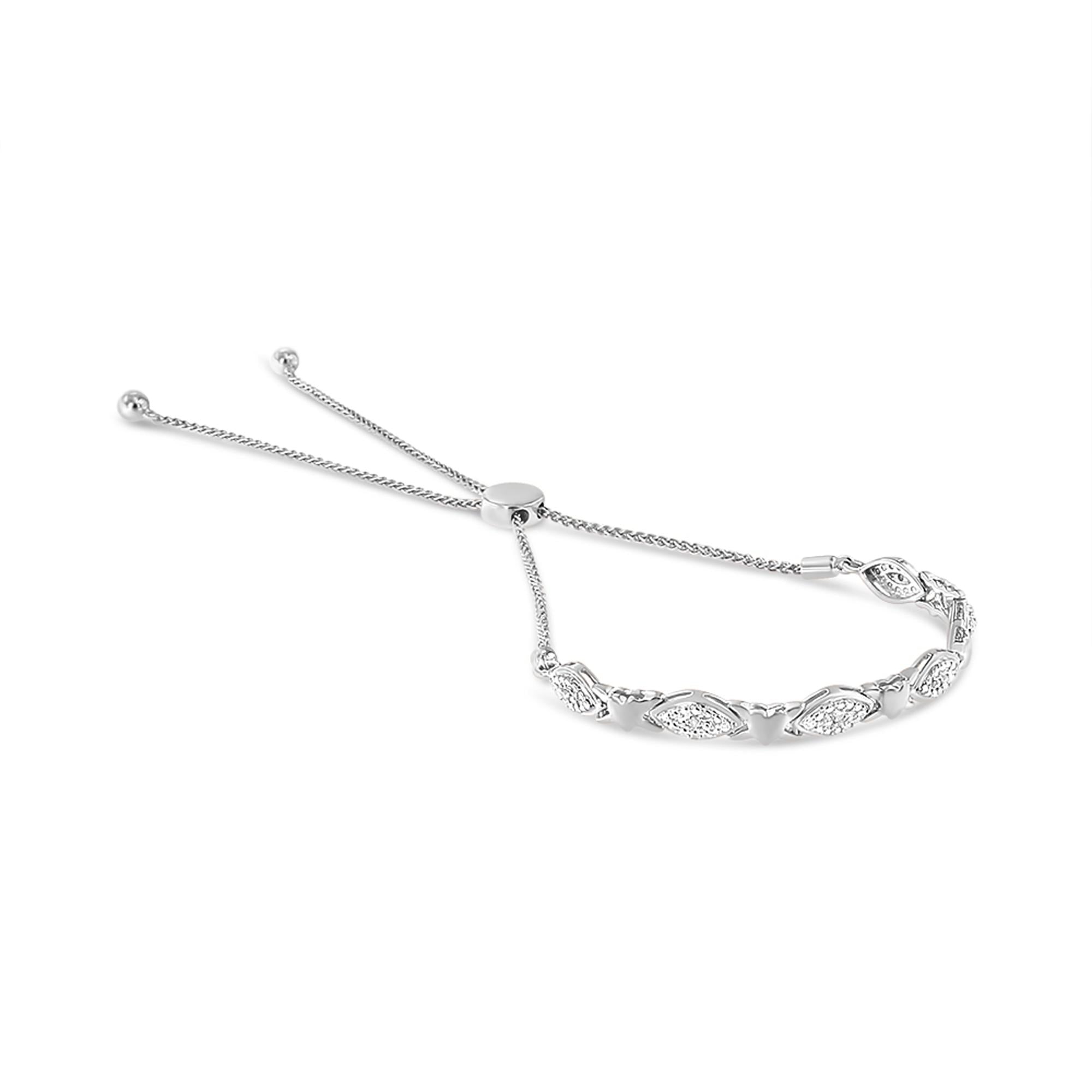 Pulsera bolo de plata de ley 925 con detalles de diamantes, forma marquesa alternada y eslabones de corazón (color IJ, claridad I3) - Ajustable de 15 a 23 cm - Friggin Jewelry