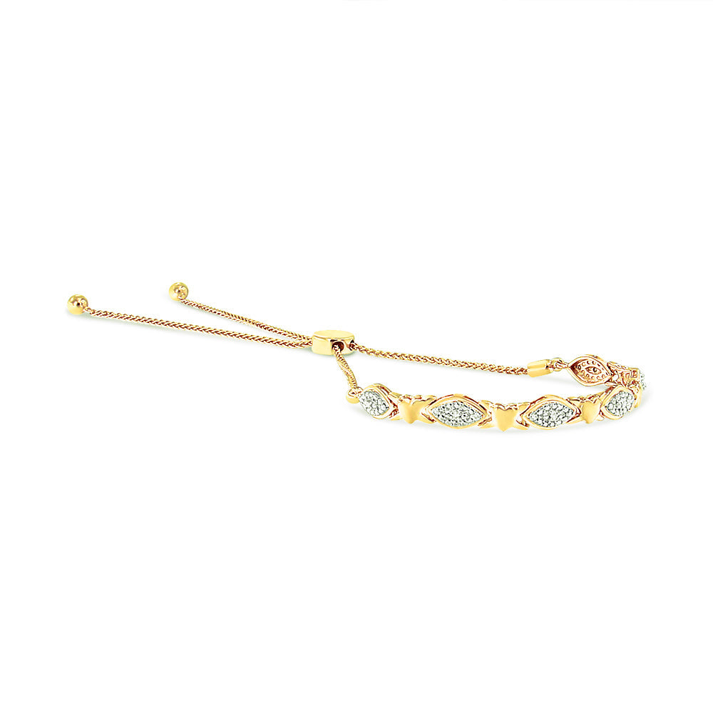 Pulsera bolo de plata de ley 925 con detalles de diamantes, forma marquesa alternada y eslabones de corazón (color IJ, claridad I3) - Ajustable de 15 a 23 cm - Friggin Jewelry