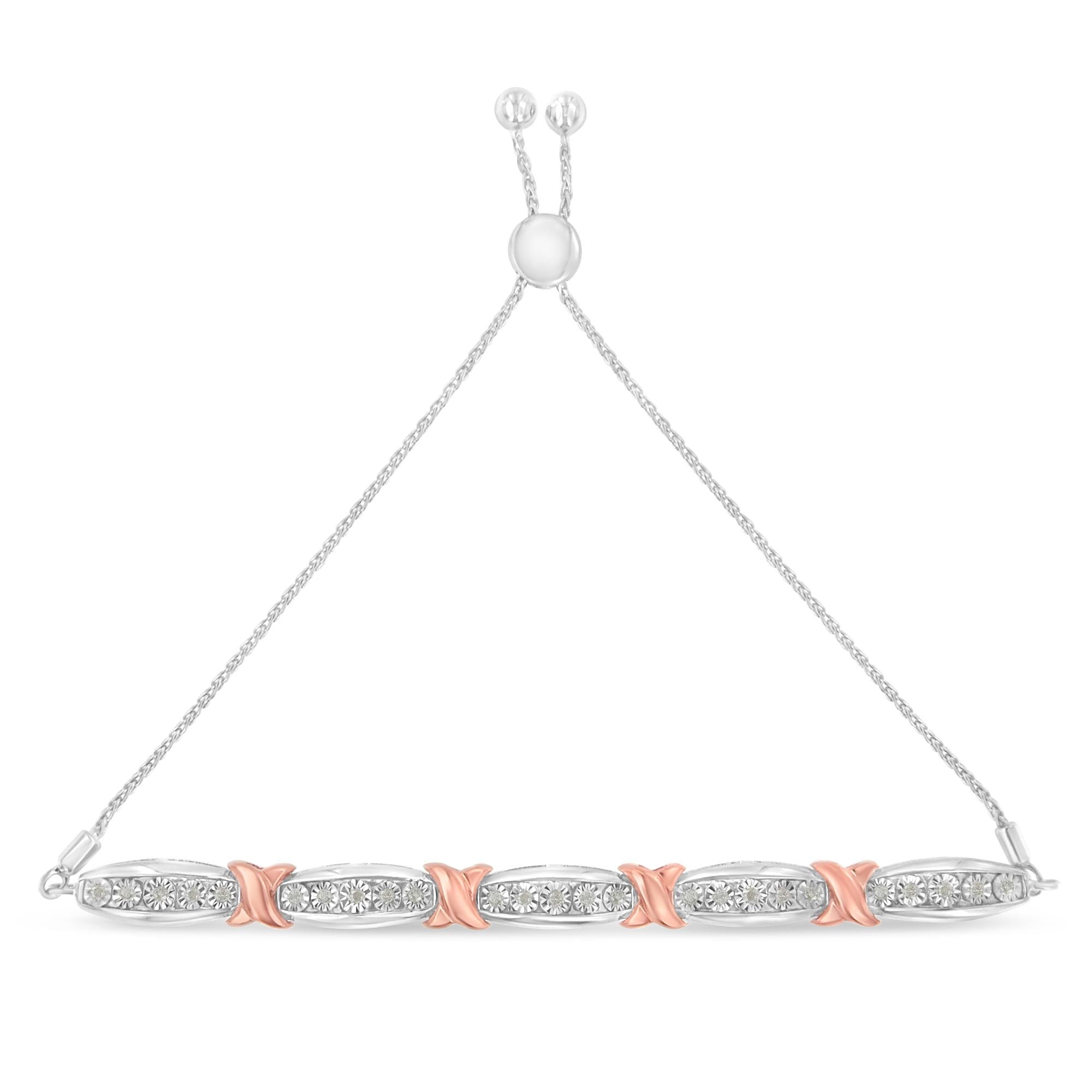 Bracciale Bolo Miracle-Set in argento sterling 925 con diamanti taglio rotondo da 1/4 ct e barra affusolata (colore IJ, purezza I3) - Oro rosa bicolore e argento - Friggin Jewelry