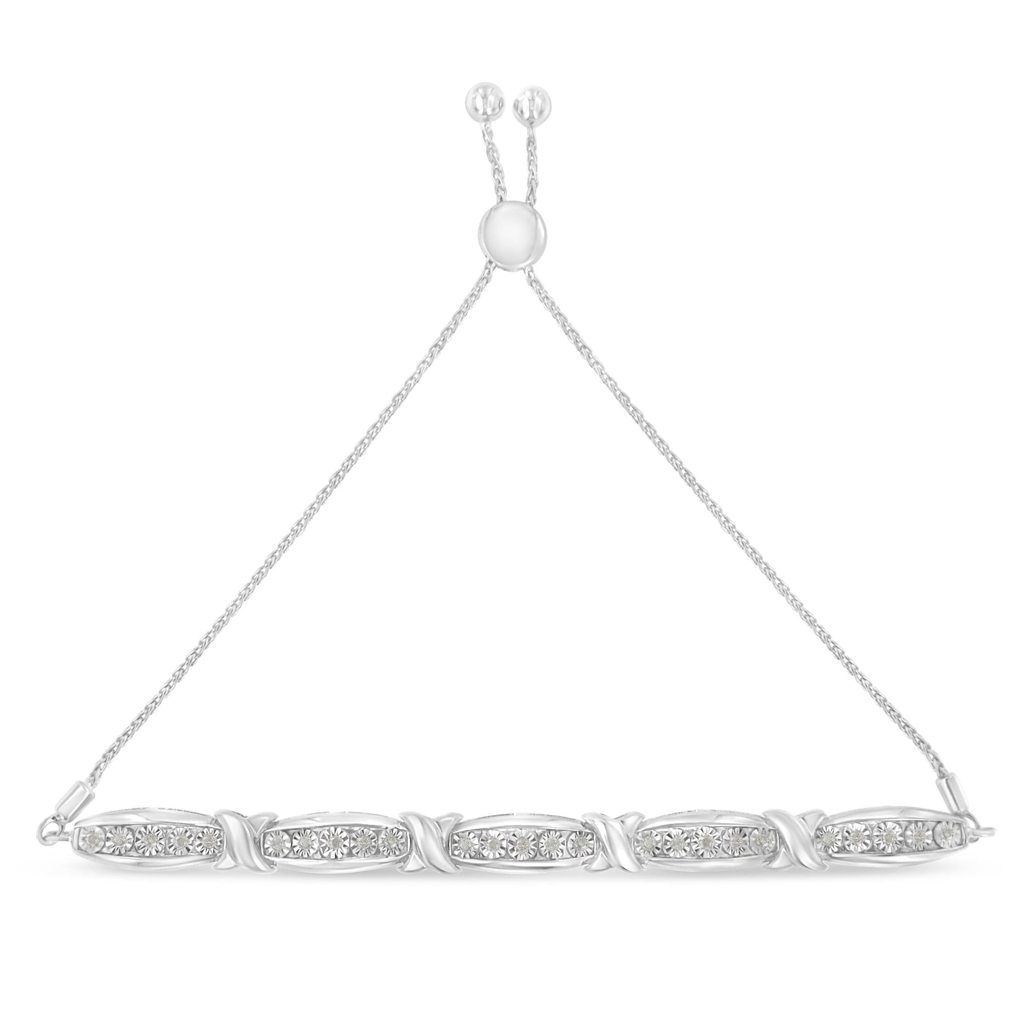 Pulsera bolo con diamantes de talla redonda en forma de X y barra cónica engastada milagrosamente (color IJ, claridad I3) - Plata de ley 925 - Friggin Jewelry