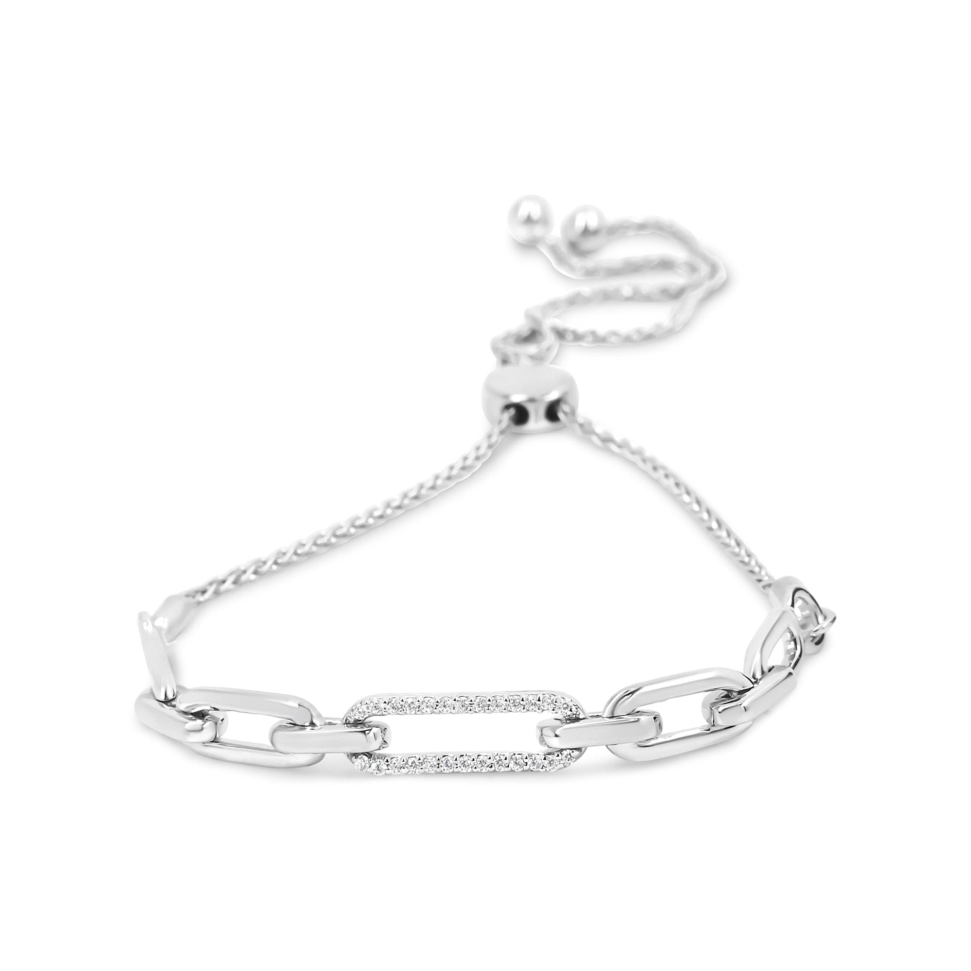 .925 Sterling Silver 1/10 Cttw Diamond Paperclip Link Adjustable Bolo Bracelet (I-J Color, I2-I3 Clarity) - Friggin Jewelry