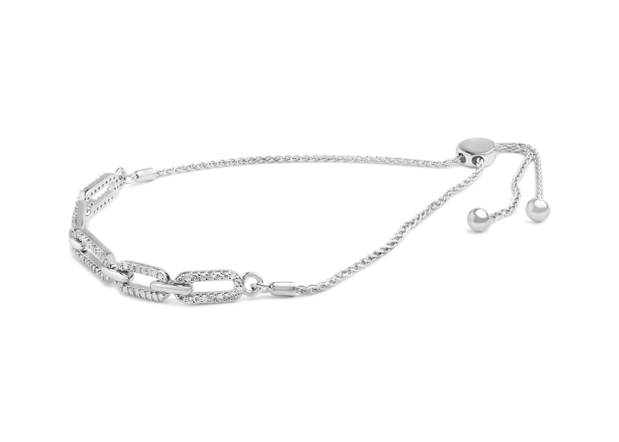 .925 Sterling Silver 1/2 Cttw Diamond Paperclip Link Adjustable Bolo Bracelet (G-H Color, SI1-SI2 Clarity) - Friggin Jewelry