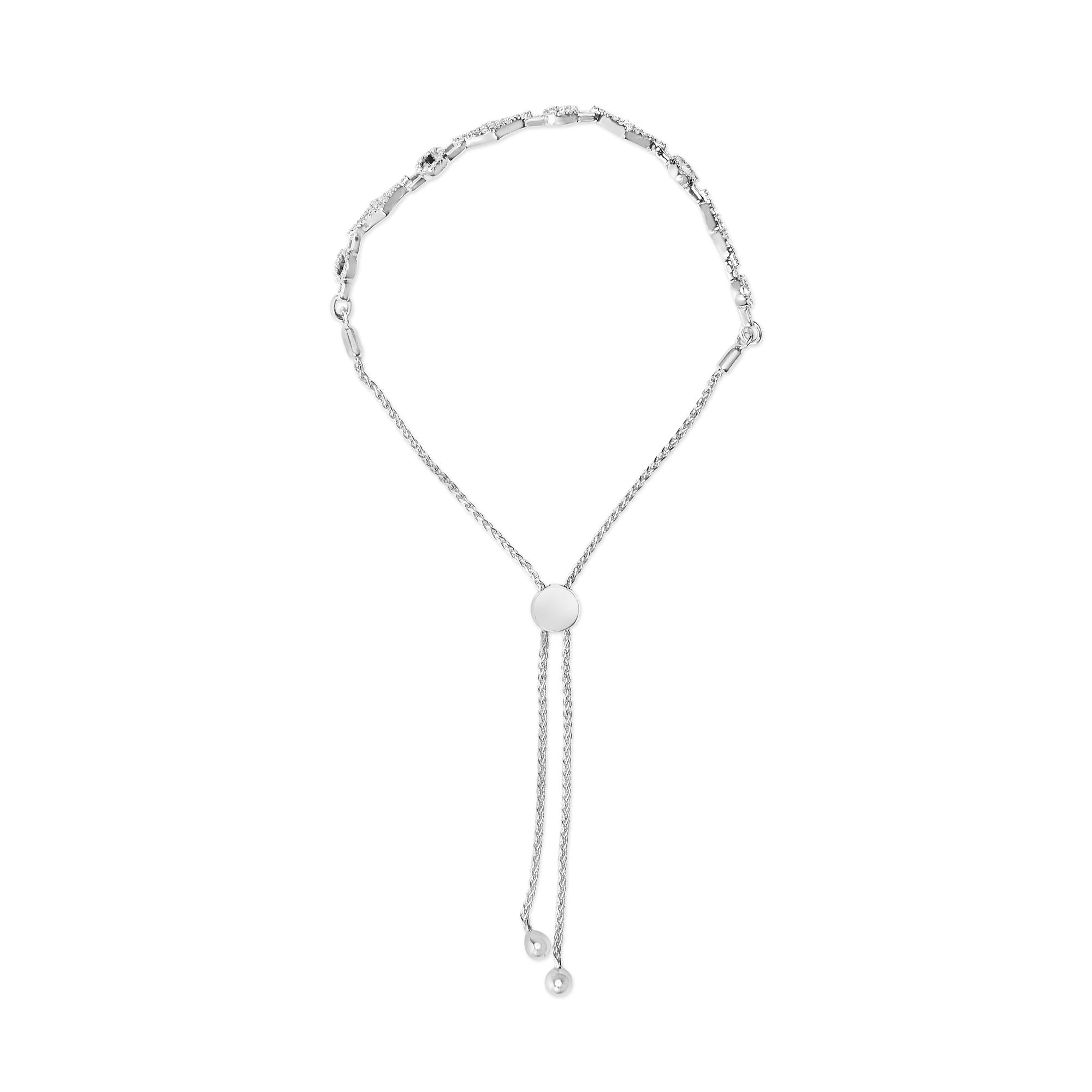 .925 Sterling Silver 1/2 Cttw Diamond Alternating Circle and Kite Link Adjustable Bolo Bracelet (I-J Color, I3 Clarity) - 4" to 10" Inches - Friggin Jewelry