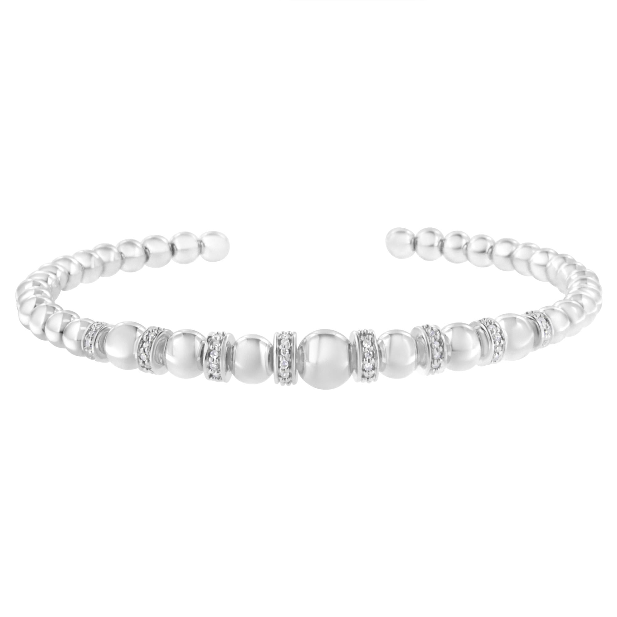 .925 Sterling Silver 1/4 Cttw Diamond Rondelle Graduated Ball Bead Cuff Bangle Bracelet (I-J color, I2-I3 clarity) - Fits wrists up to 7 1/2 inches - Friggin Jewelry