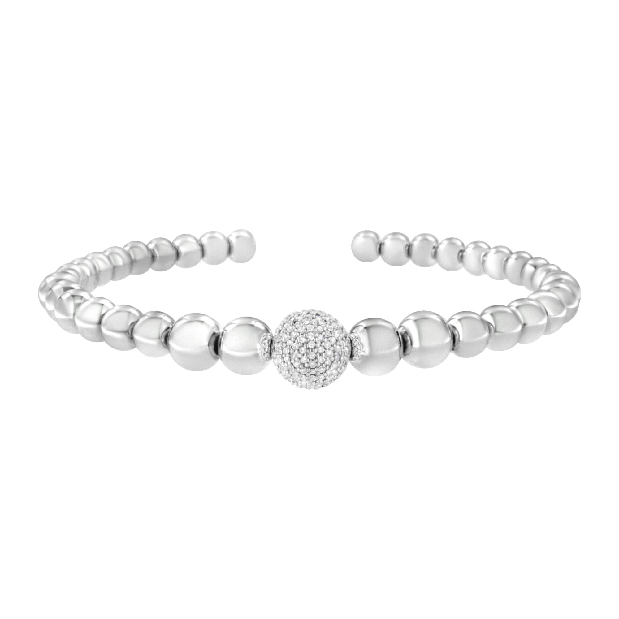 .925 Sterling Silver 1/6 Cttw Diamond Rondelle Graduated Ball Bead Cuff Bangle Bracelet (I-J color, I2-I3 clarity) - Fits wrists up to 7 1/2 inches - Friggin Jewelry