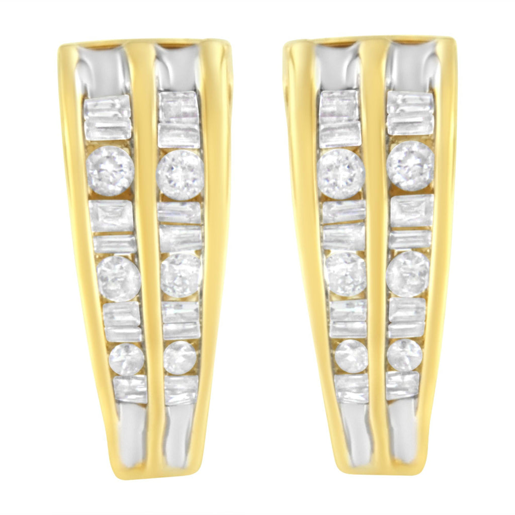 14K Yellow and White Gold 1.0 Cttw Channel Set Round and Baguette Diamond Multi Row Huggy Hoop Earrings (I-J Color, I2-I3 Clarity) - Friggin Jewelry