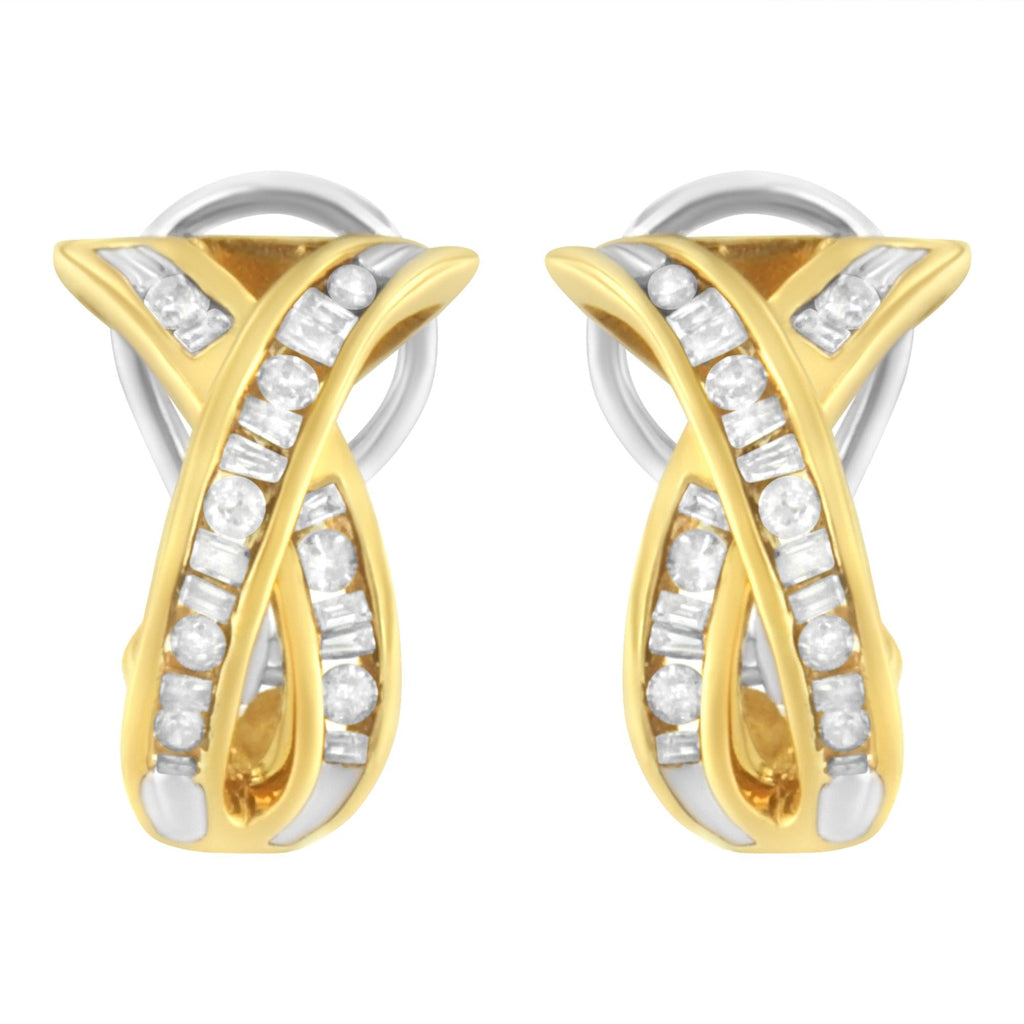 Orecchini a cerchio con diamanti a forma di "X" incrociati in oro giallo e bianco 14K da 1/2 TDW (IJ, I2-I3) - Friggin Jewelry