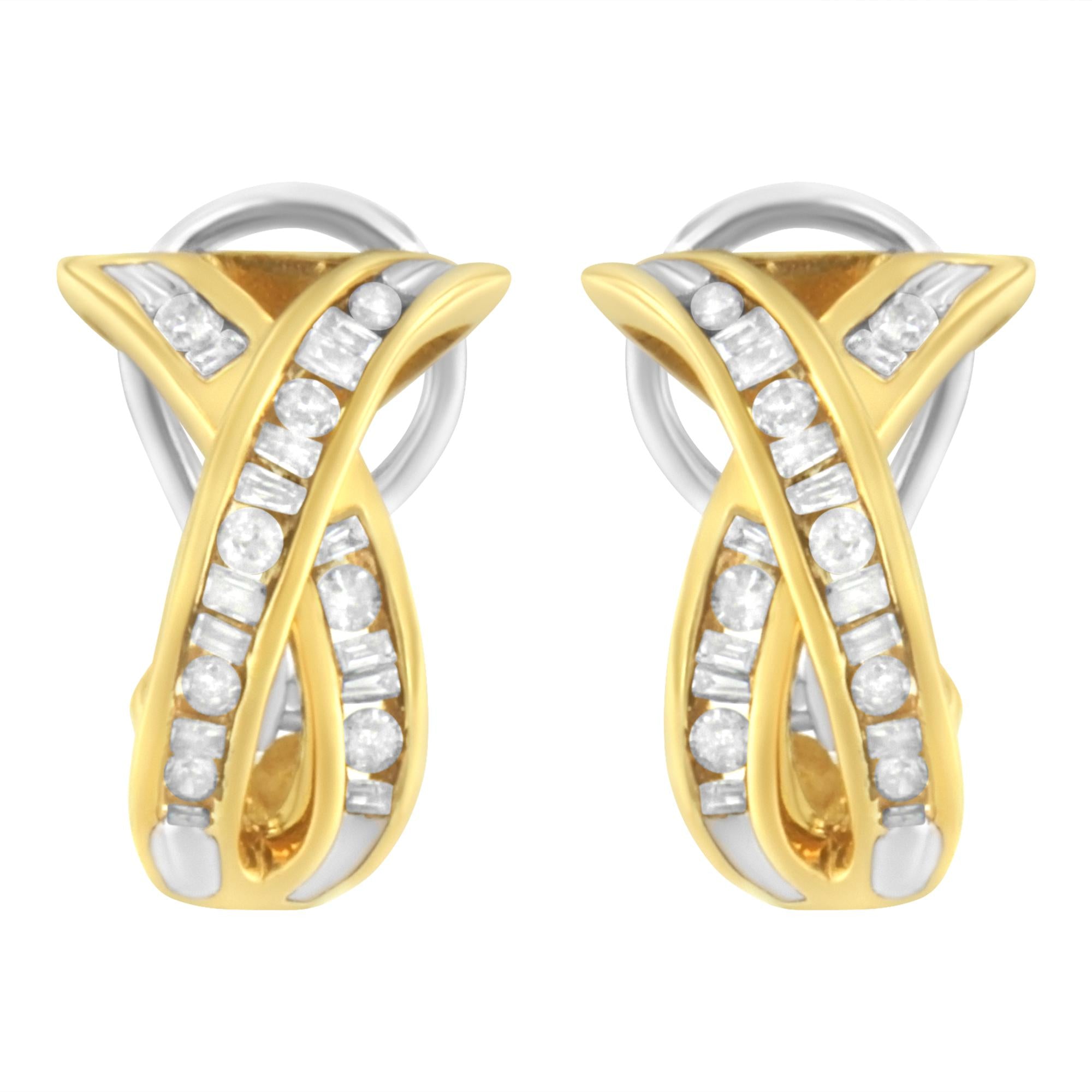 Orecchini a cerchio con diamanti a forma di "X" incrociati in oro giallo e bianco 14K da 1/2 TDW (IJ, I2-I3) - Friggin Jewelry