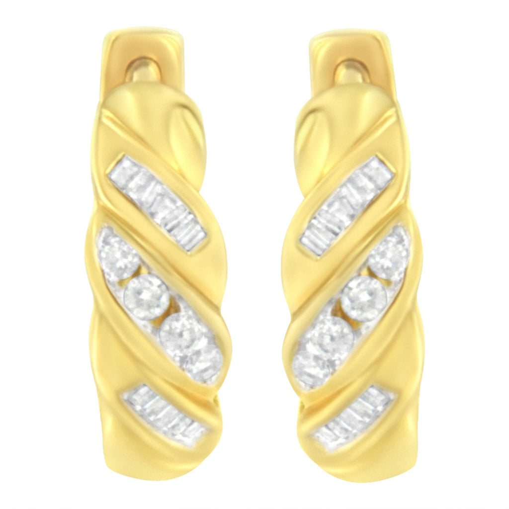 14K Yellow Gold 1/4 ct TDW Alternating 3 Row Baguette & Round Brilliant-Cut Diamond Huggy Hoop Earrings (H-I, I2-I3) - Friggin Jewelry