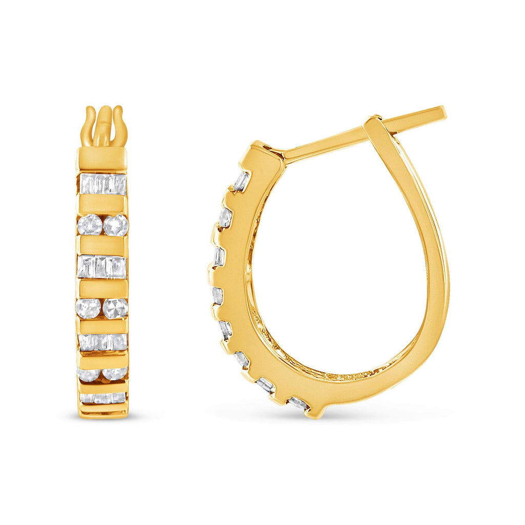 10K Gold Round and Baguette-Cut Diamond Hoop Earrings (I-J Color, I2-I3 Clarity) - Friggin Jewelry Premium