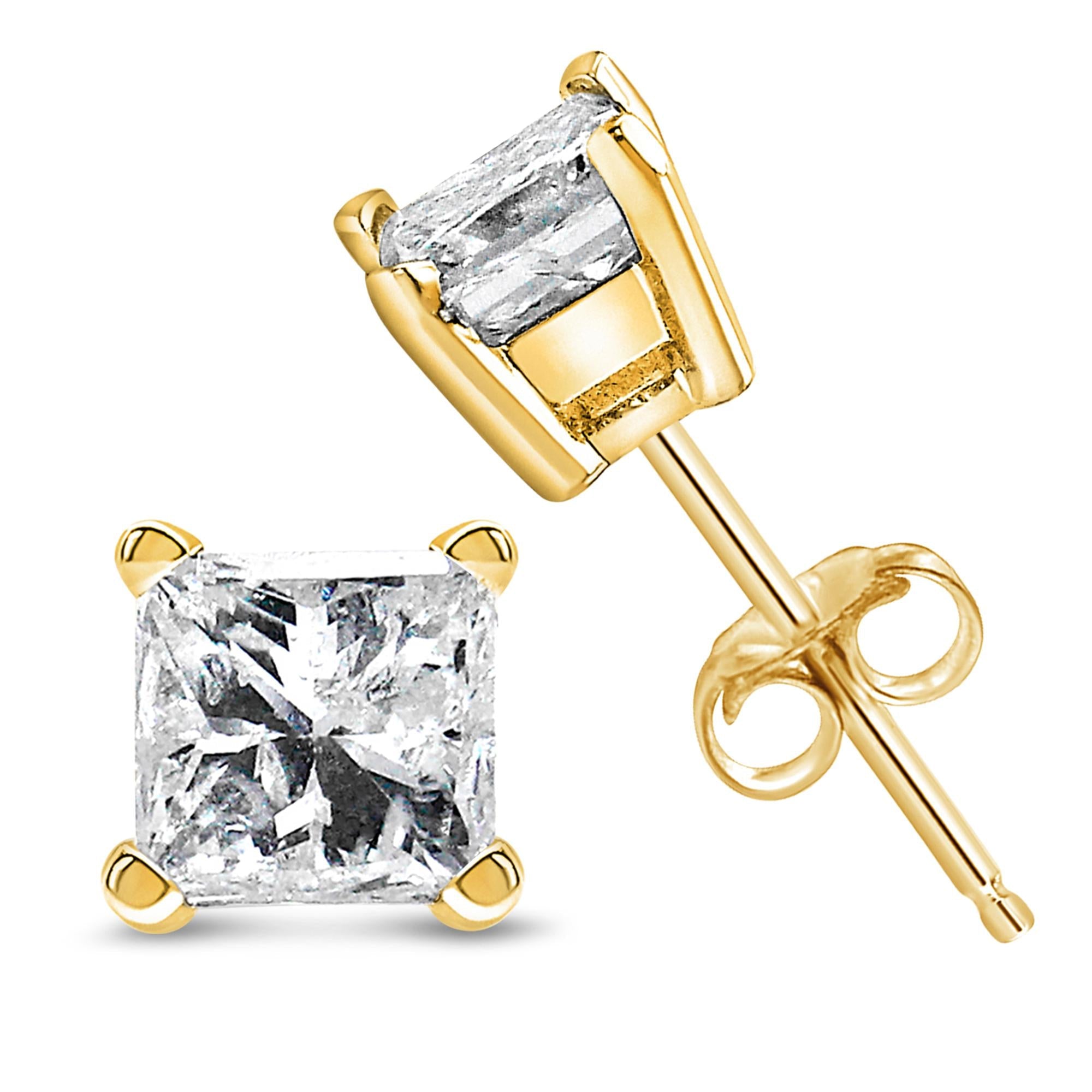 Aretes de botón con diamantes solitarios de talla princesa de 1/3 quilates, engastados en 4 puntas y con certificación IGI (sin color, claridad SI1-SI2) - Friggin Jewelry
