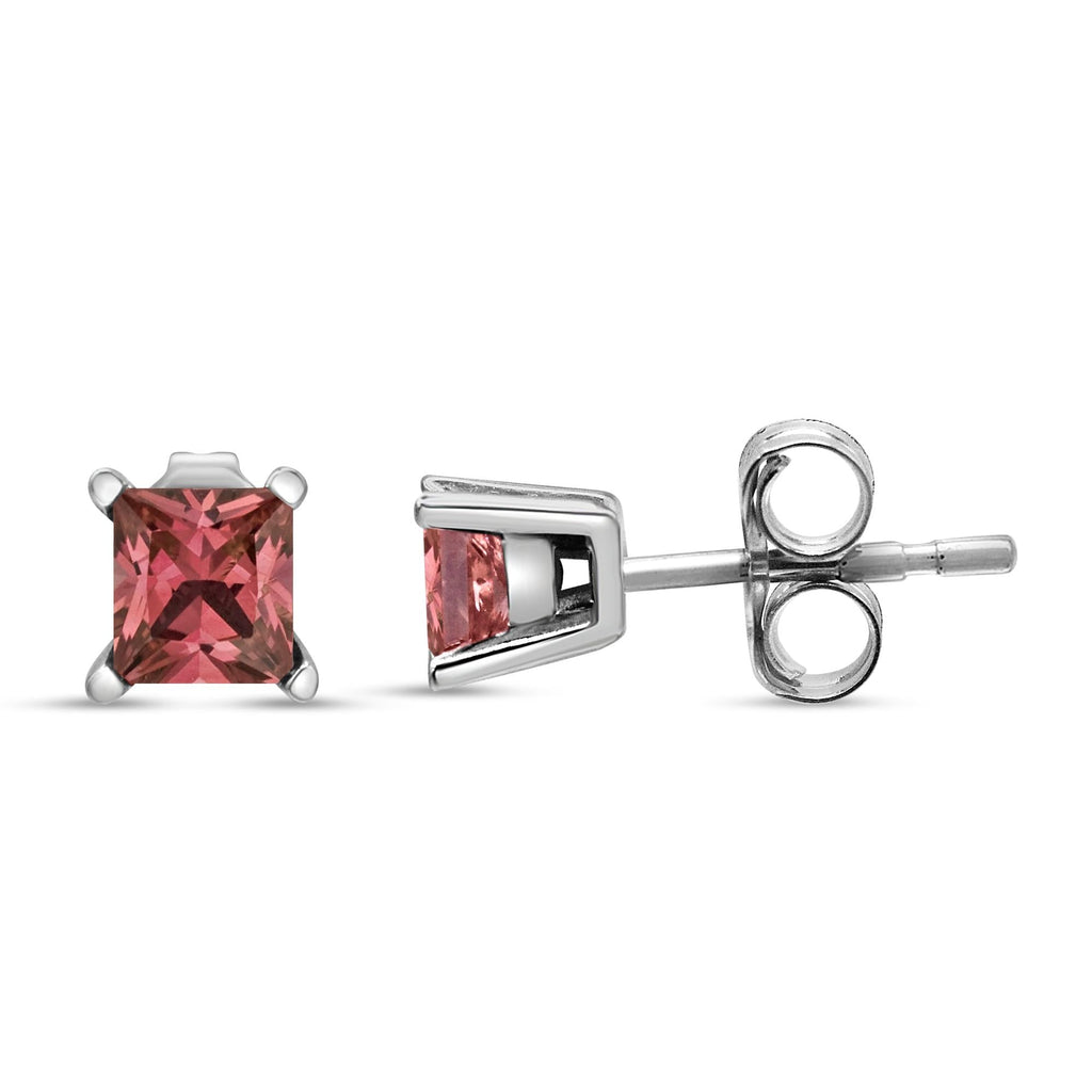 14K White Gold 4 Prong Set Lab Grown Pink Princess Diamond Solitaire Stud Earrings (Pink Color, VS2-SI1 Clarity) - Friggin Jewelry