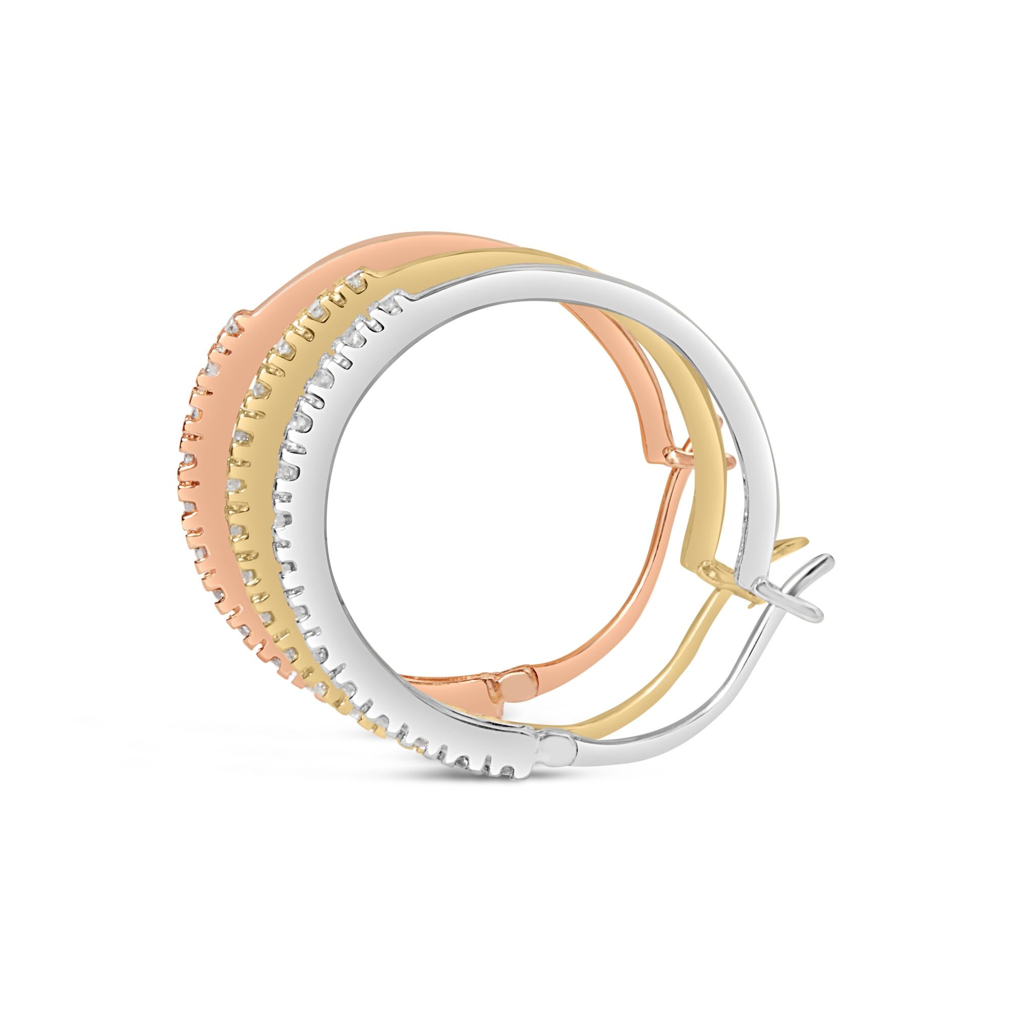 Orecchini a cerchio triplo in oro tricolore 14K con diamanti da 1/3 carati (colore IJ, purezza I2-I3) - 22 mm - Friggin Jewelry