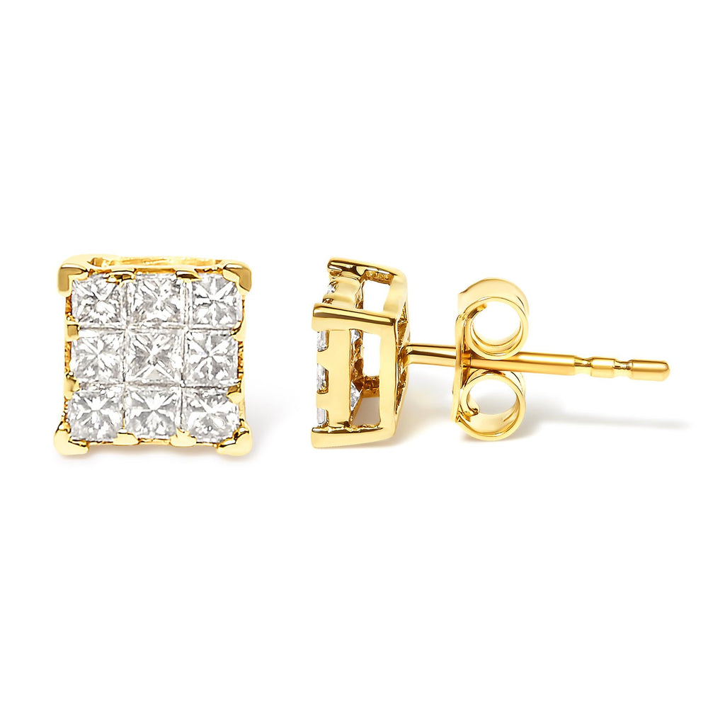Aretes de oro amarillo de 14 quilates con diamantes de talla princesa de 1/2 ct y 9 piedras cuadradas engastadas invisibles (color JK, claridad SI2-I1) - Friggin Jewelry