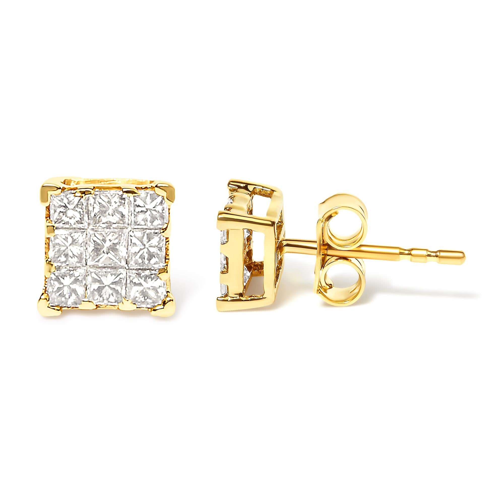 Aretes de oro amarillo de 14 quilates con diamantes de talla princesa de 1/2 ct y 9 piedras cuadradas engastadas invisibles (color JK, claridad SI2-I1) - Friggin Jewelry