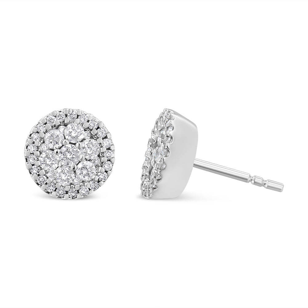 14K White Gold 1.0 Cttw Brilliant-Cut Diamond Halo-Style Cluster Round Button Stud Earrings (H-I Color, I1-I2 Clarity) - Friggin Jewelry Premium