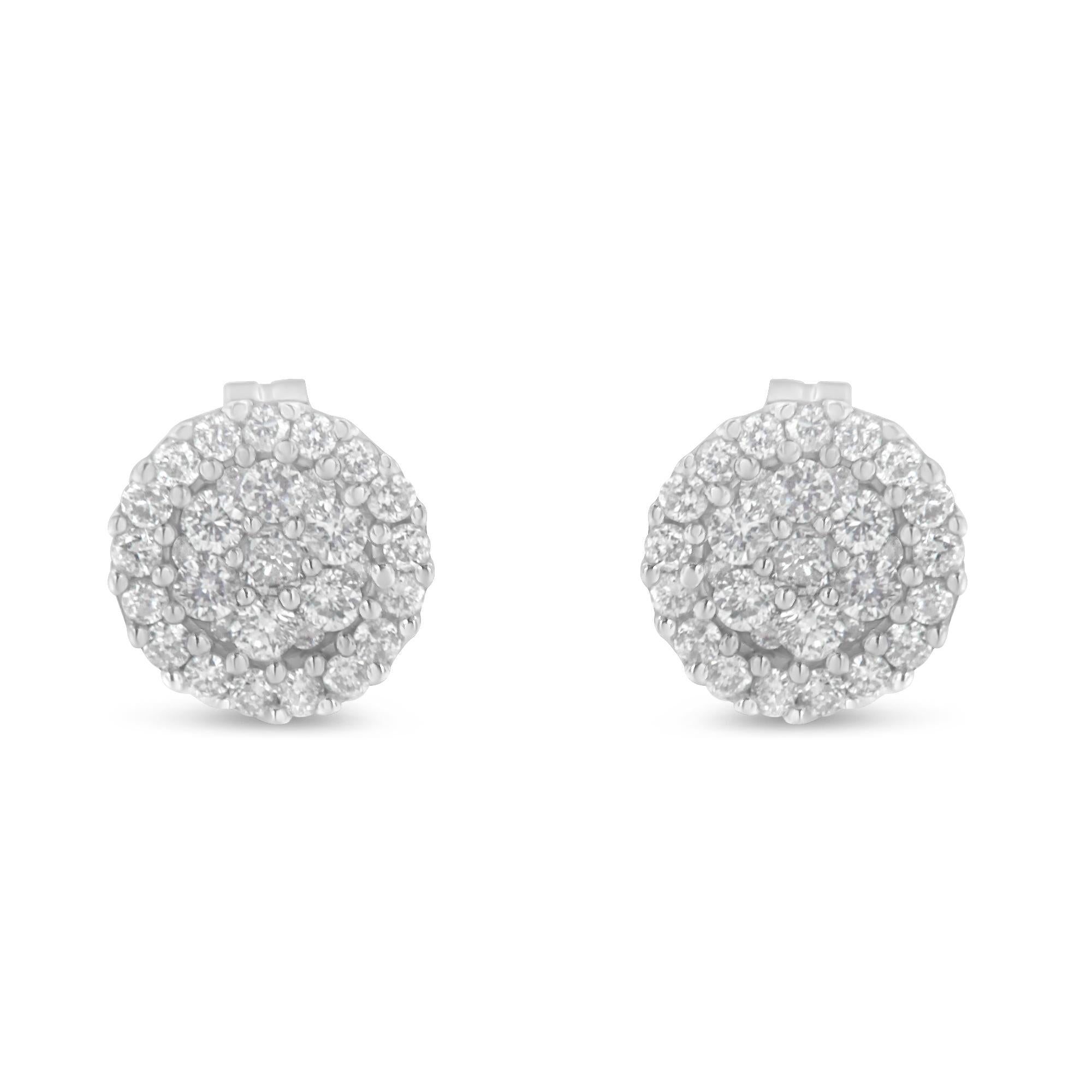 14K White Gold 1/2 Cttw Brilliant-Cut Diamond Halo-Style Cluster Round Button Stud Earrings (H-I Color, I1-I2 Clarity) - Friggin Jewelry