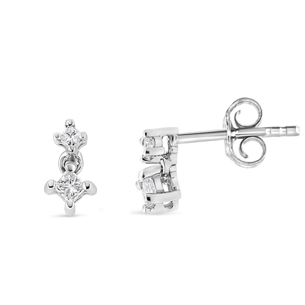 14K White Gold 1/4 Cttw 4 Prong Set Princess-Cut Double Diamond Drop and Dangle Stud Earrings (I-J Color, I2-I3 Clarity) - Friggin Jewelry