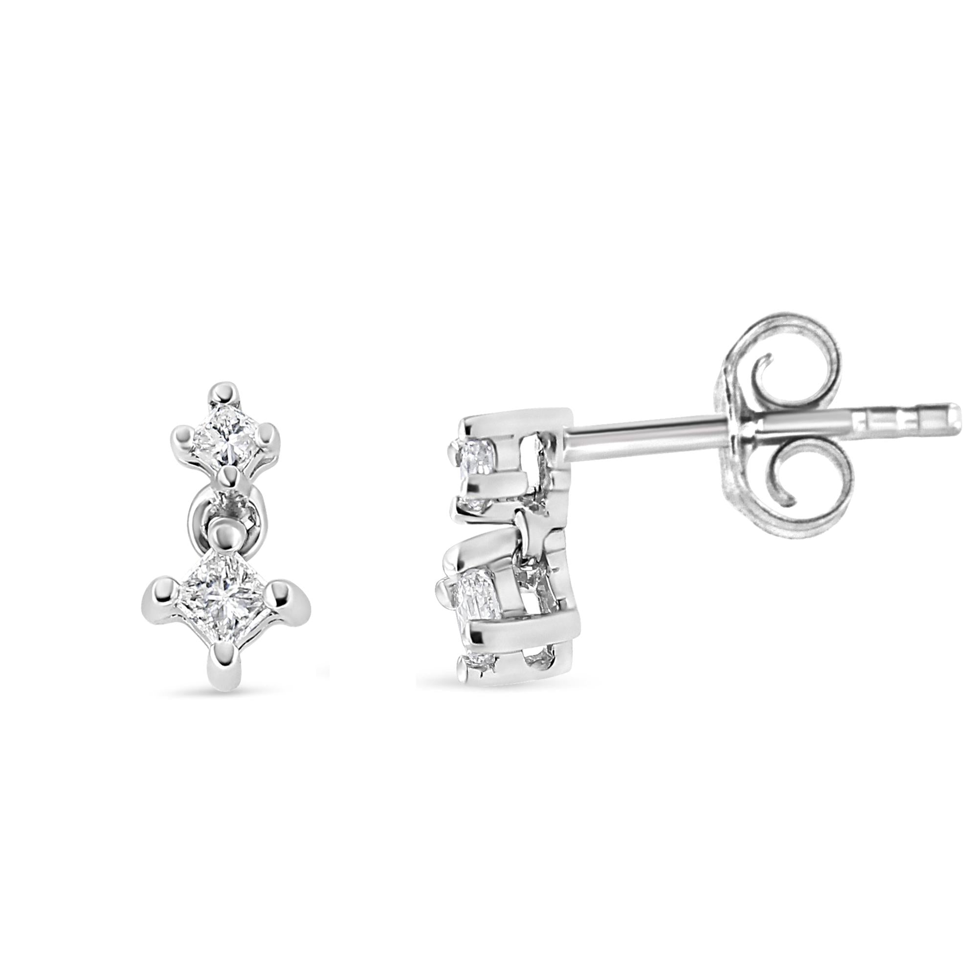 14K White Gold 1/4 Cttw 4 Prong Set Princess-Cut Double Diamond Drop and Dangle Stud Earrings (I-J Color, I2-I3 Clarity) - Friggin Jewelry