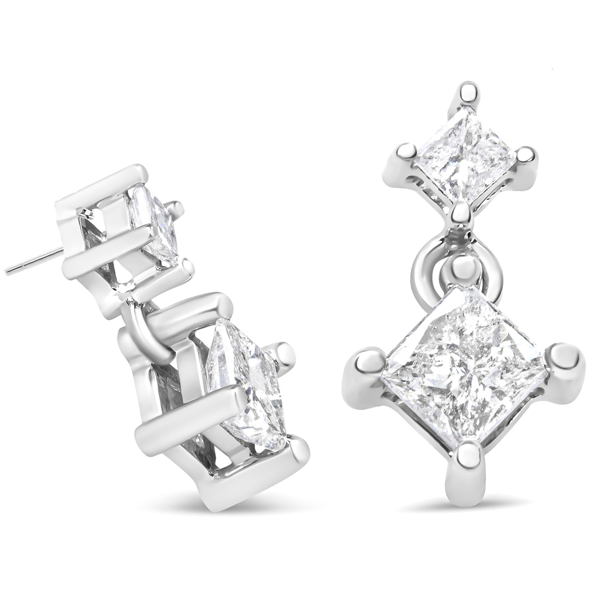 14K White Gold 3/8 Cttw Princess-Cut Diamond Double Dangle 2 Stone Stud Drop Earrings for Women (I-J Color, I2-I3 Clarity) - Friggin Jewelry