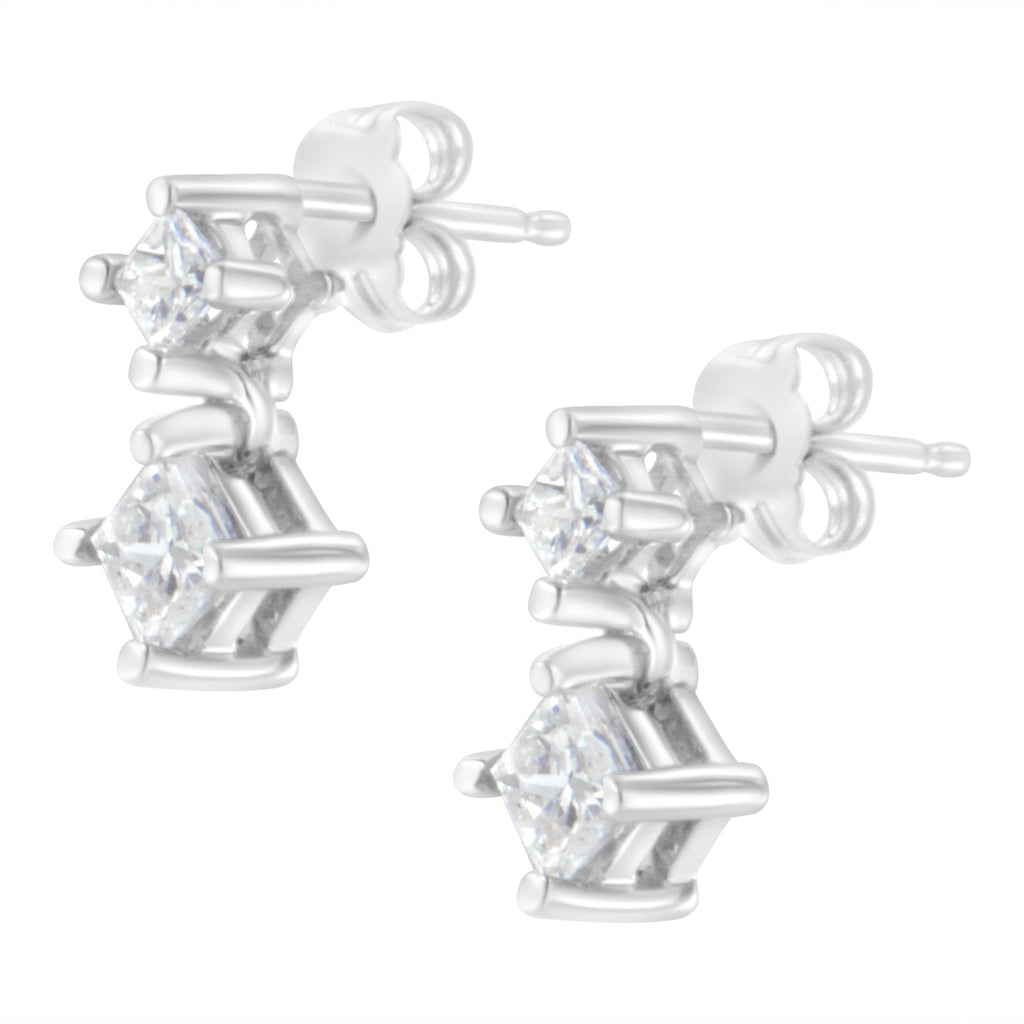 Orecchini a bottone in oro bianco 14 carati con doppio diamante taglio principessa da 3/4 ct (purezza IJ, colore I2-I3) - Friggin Jewelry
