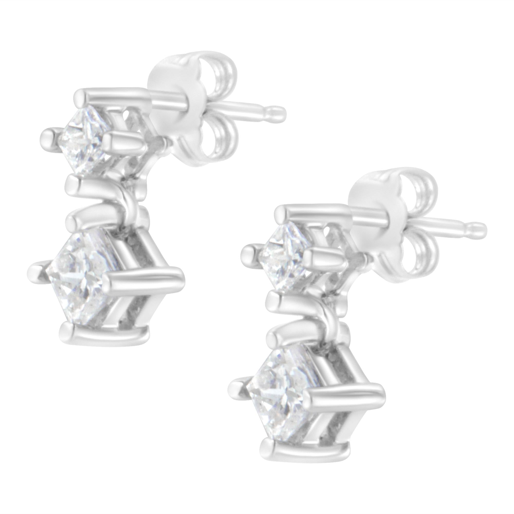 14K White Gold 3/4 cttw Double Diamond Princess-Cut Stud Earrings (I-J Clarity, I2-I3 Color) - Friggin Jewelry Premium
