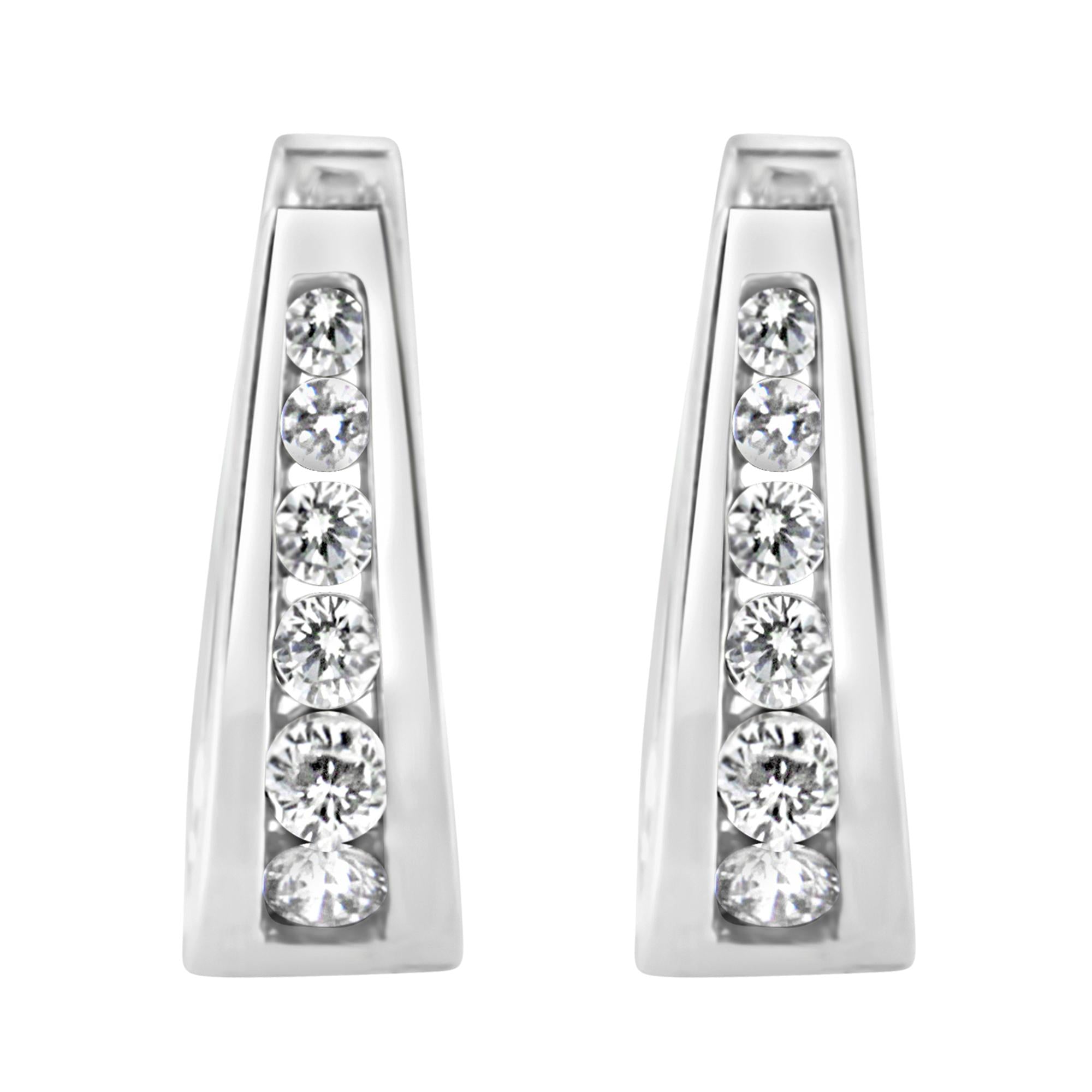 14k White Gold Channel-Set Brilliant Round-Cut Diamond Hoop Earrings (I-J Color, I2-I3 Clarity) - Friggin Jewelry Premium