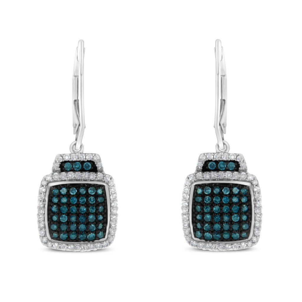 Black Rhodium over .925 Sterling Silver ¾ Cttw Blue and White Diamond Cushion Shaped Dangle Earrings (Enhanced Blue & I-J Color, I2-I3 Clarity) - Friggin Jewelry